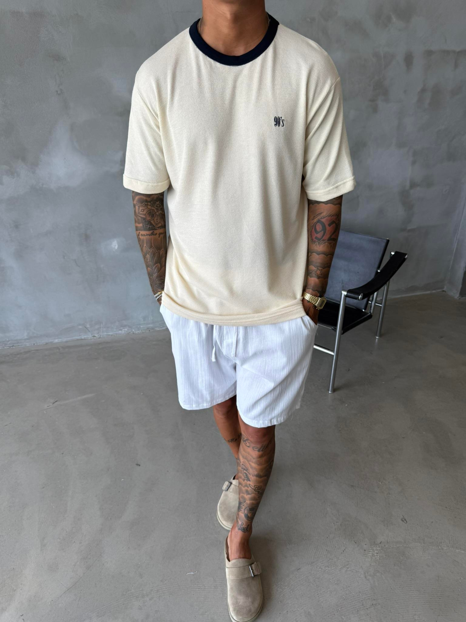 Erkek Oversize Basic 90's T-Shirt - Bej