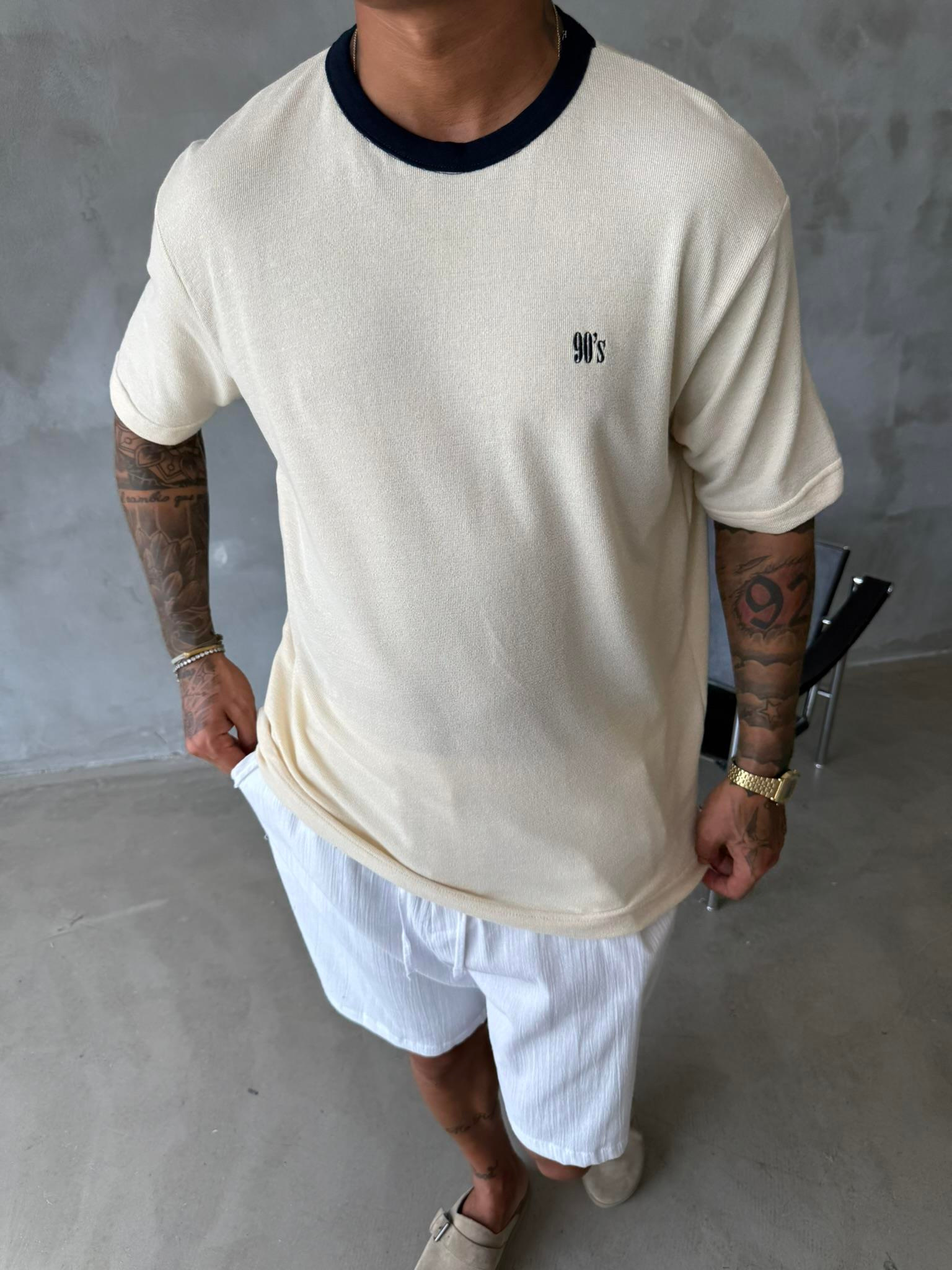 Erkek Oversize Basic 90's T-Shirt - Bej