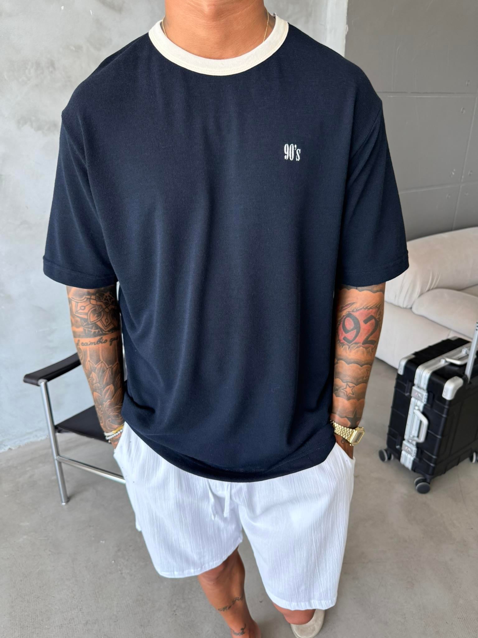 Erkek Oversize Basic 90's T-Shirt - Lacivert