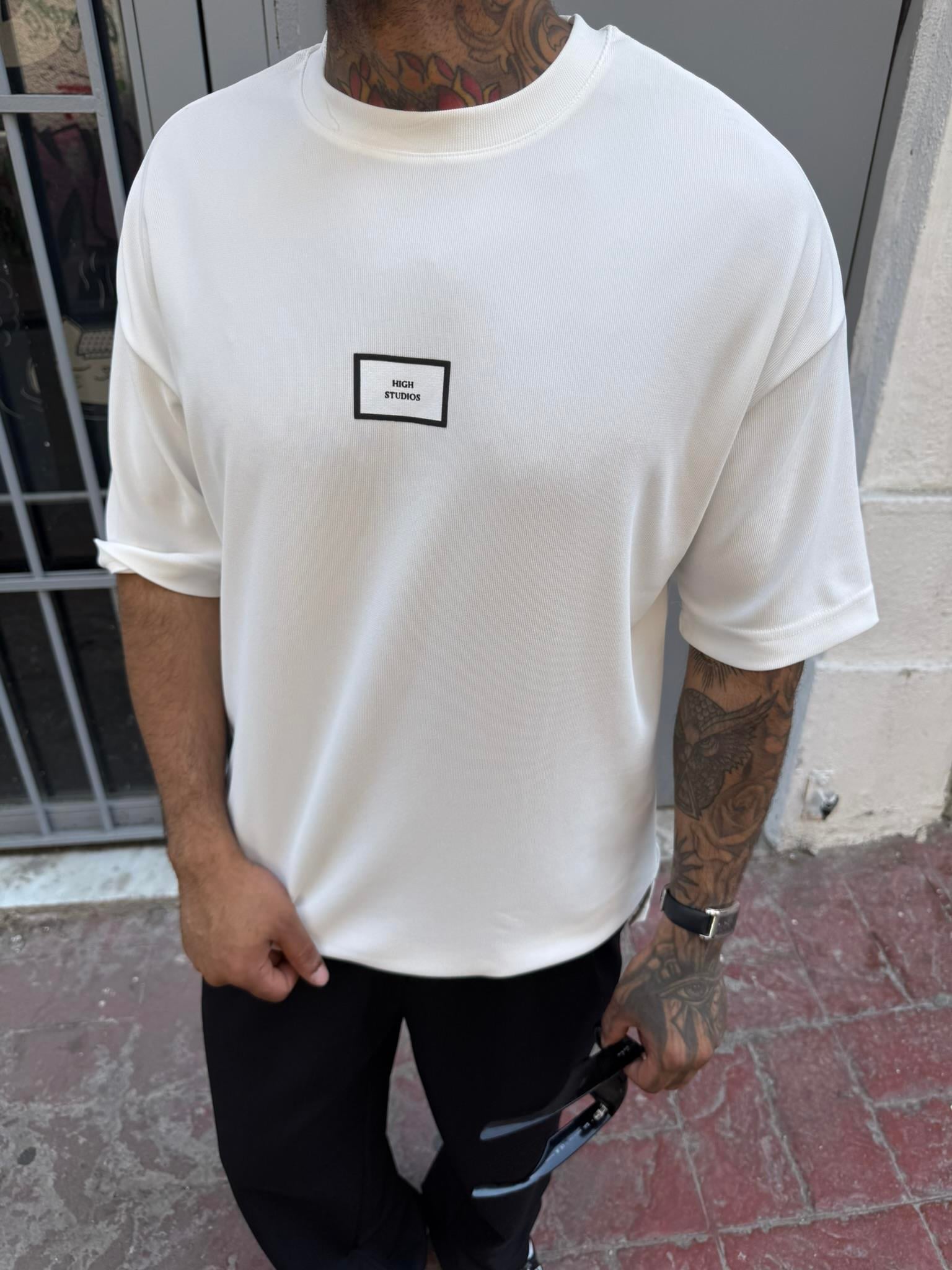 Erkek Oversize Basic High StudiosT-Shirt - Beyaz
