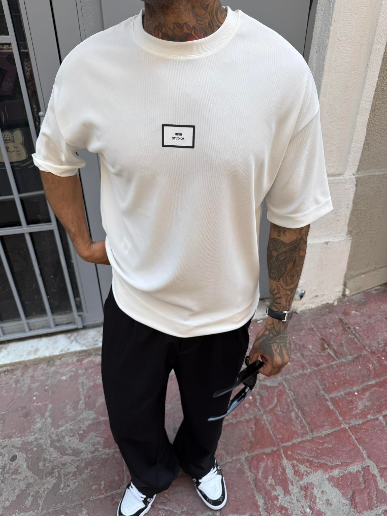 Erkek Oversize Basic High StudiosT-Shirt - Beyaz