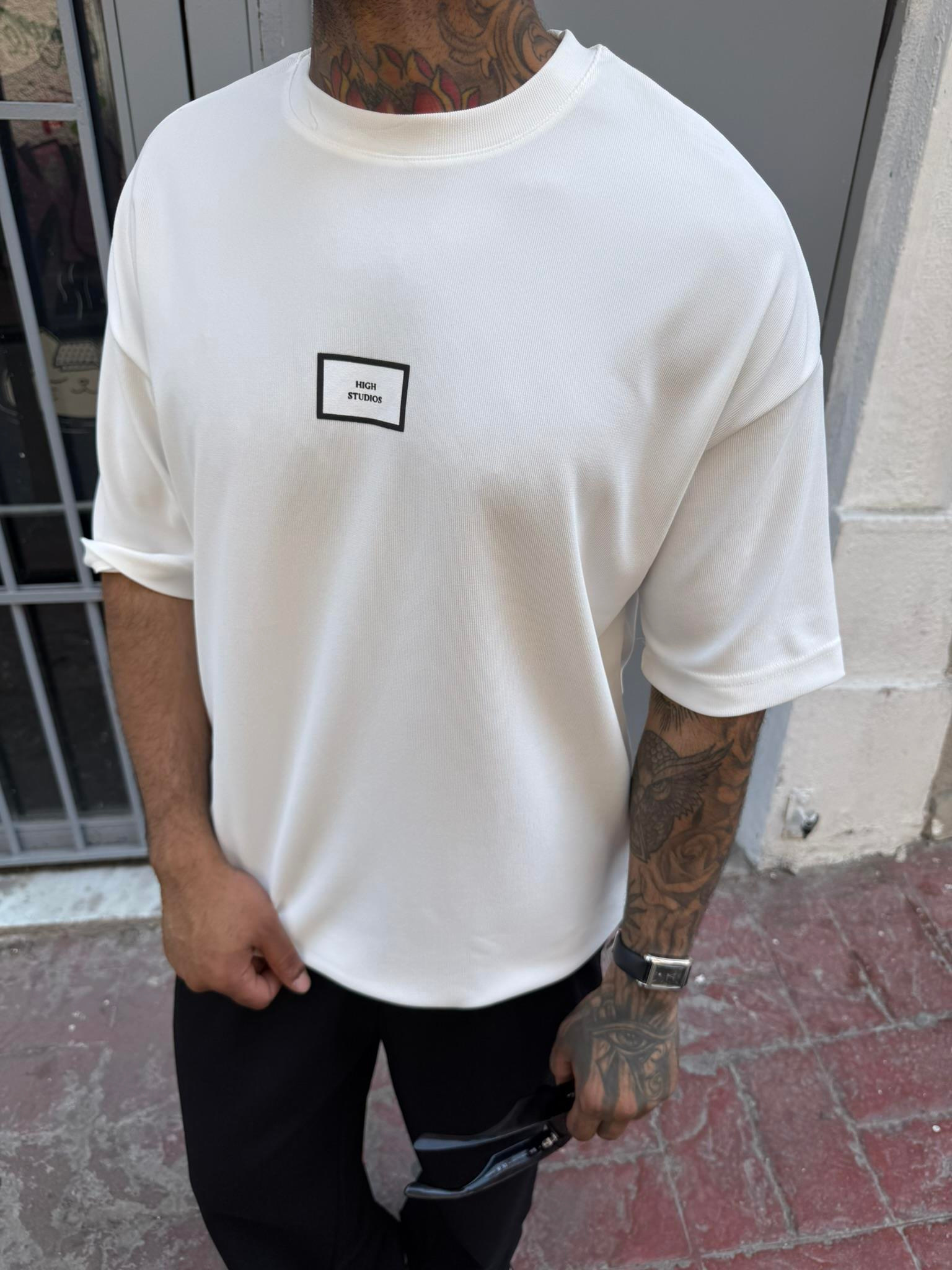 Erkek Oversize Basic High StudiosT-Shirt - Beyaz