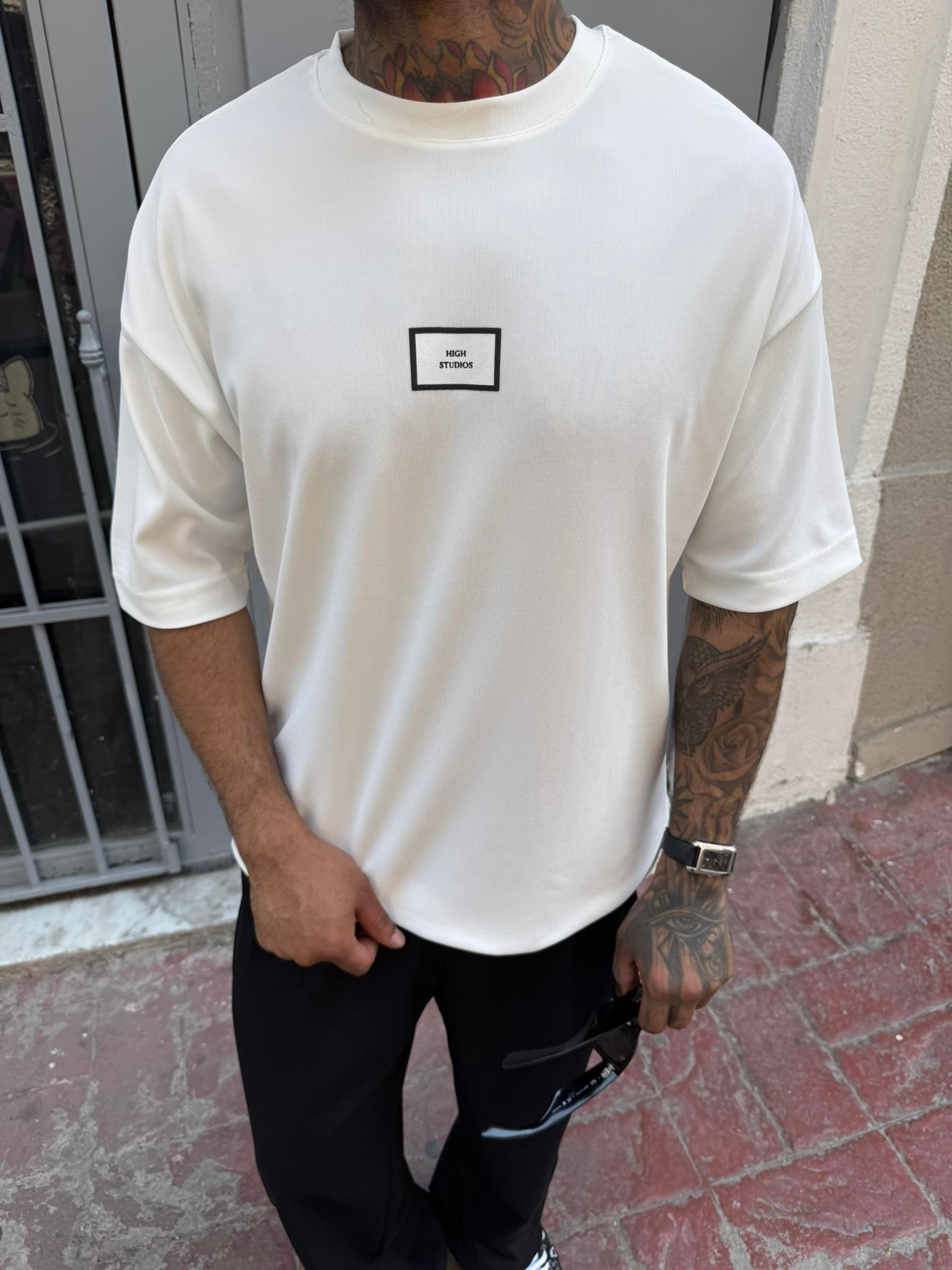 Erkek Oversize Basic High StudiosT-Shirt - Beyaz