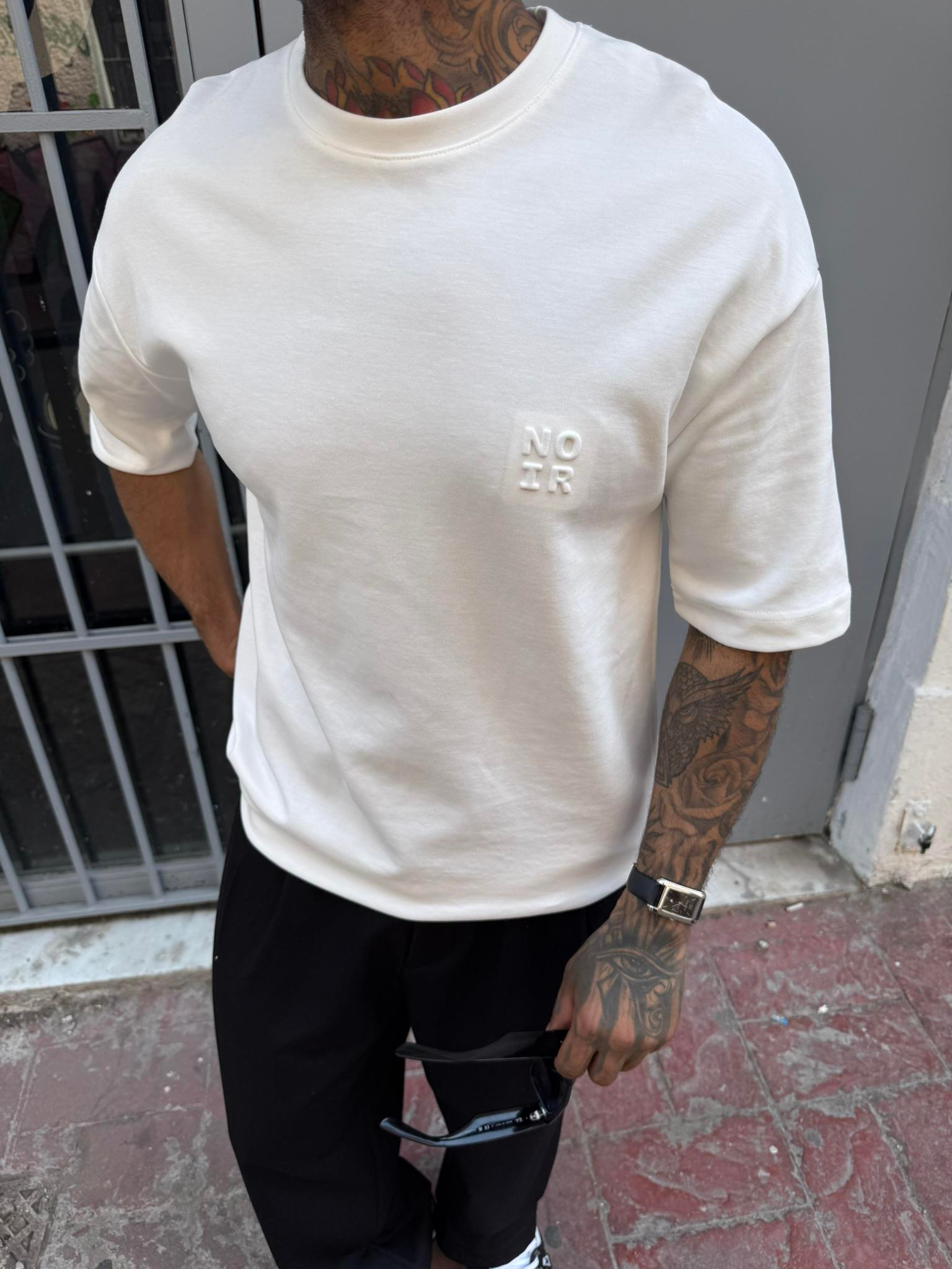 Erkek Oversize Basic NO IR T-Shirt - Beyaz