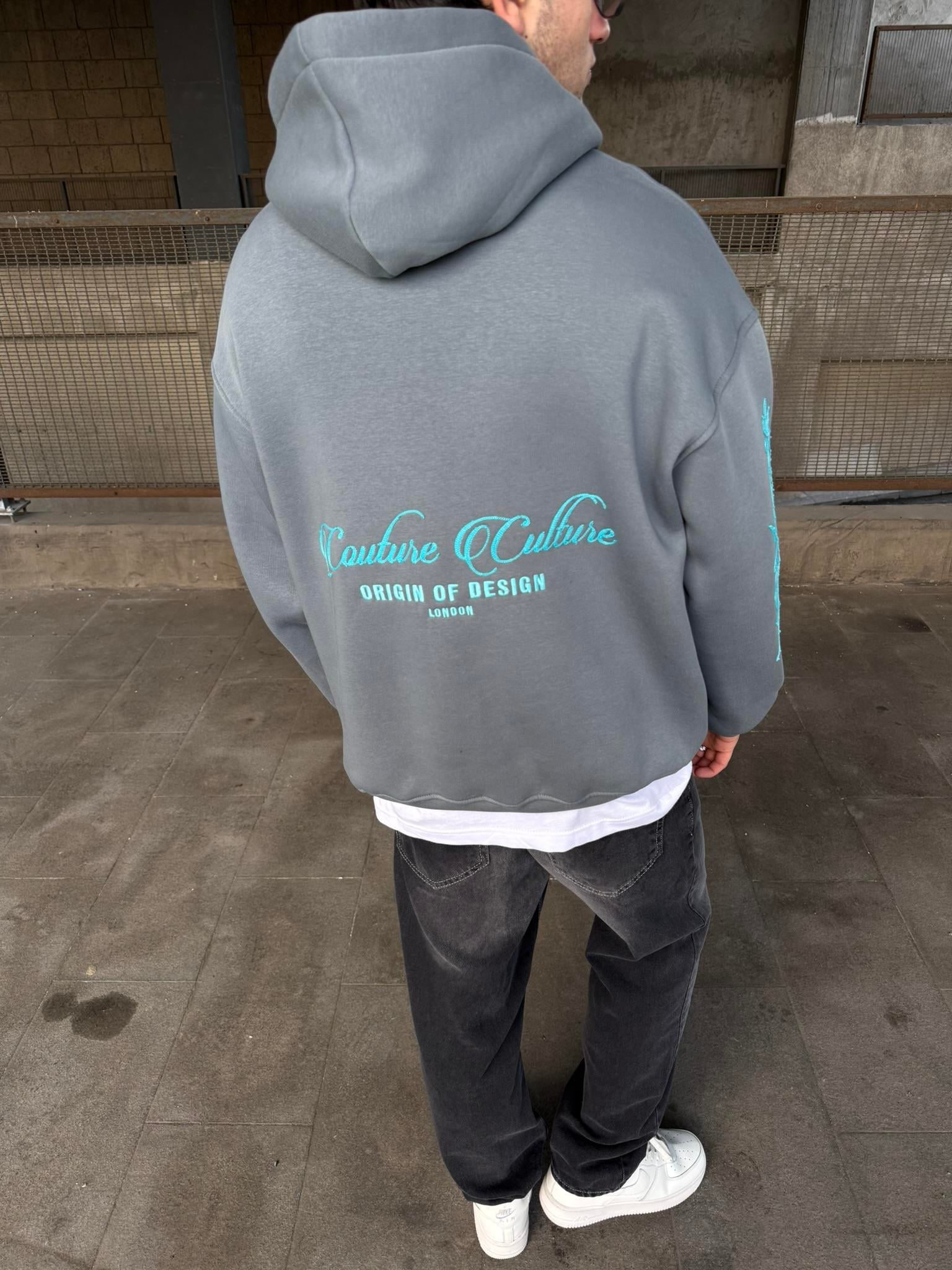 Erkek Oversize Baskılı Hoodie Sweatshirt Gri