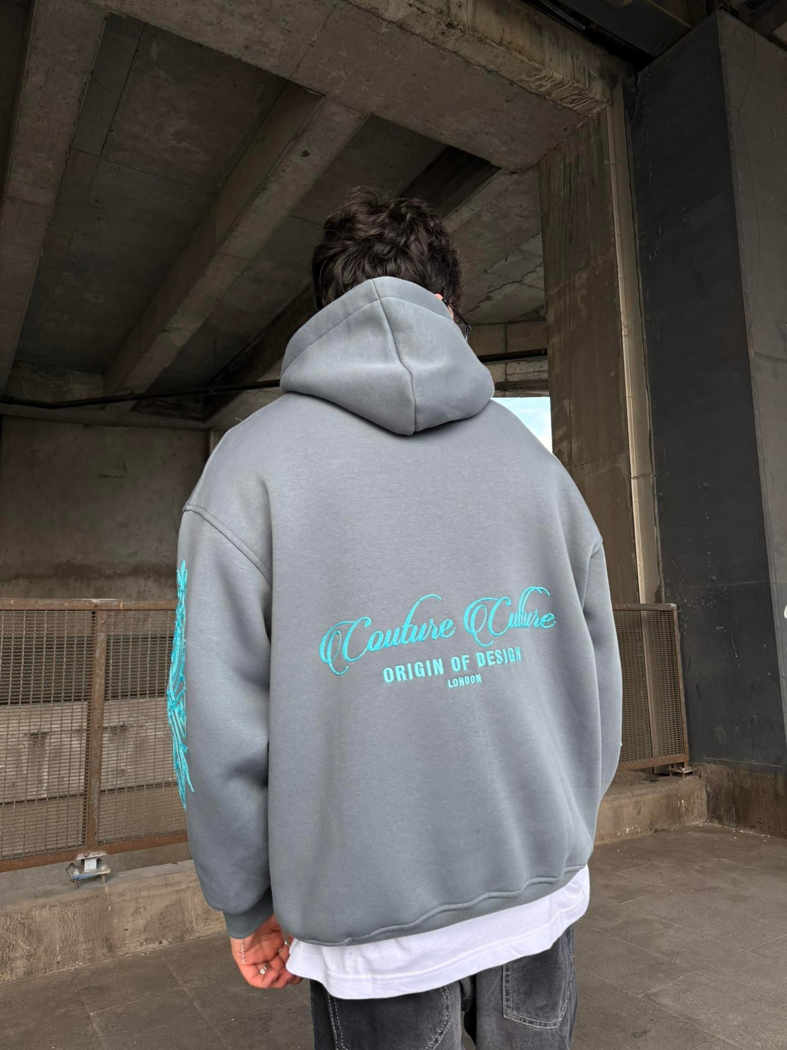 Erkek Oversize Baskılı Hoodie Sweatshirt Gri