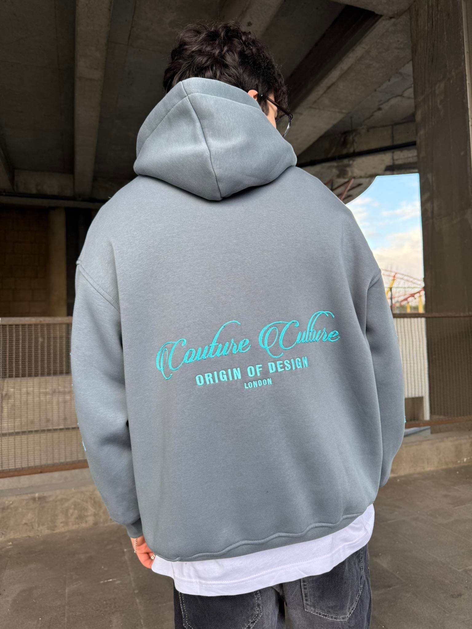 Erkek Oversize Baskılı Hoodie Sweatshirt Gri