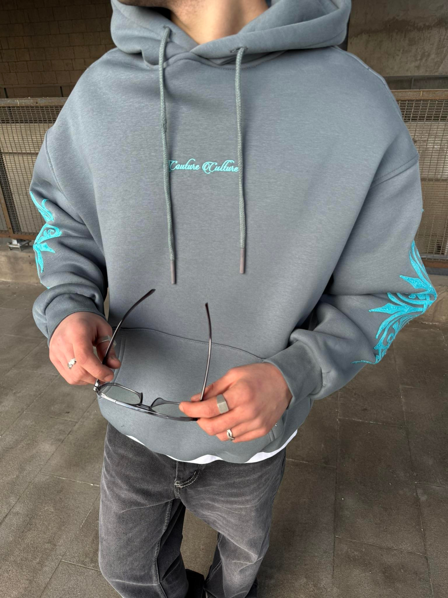 Erkek Oversize Baskılı Hoodie Sweatshirt Gri