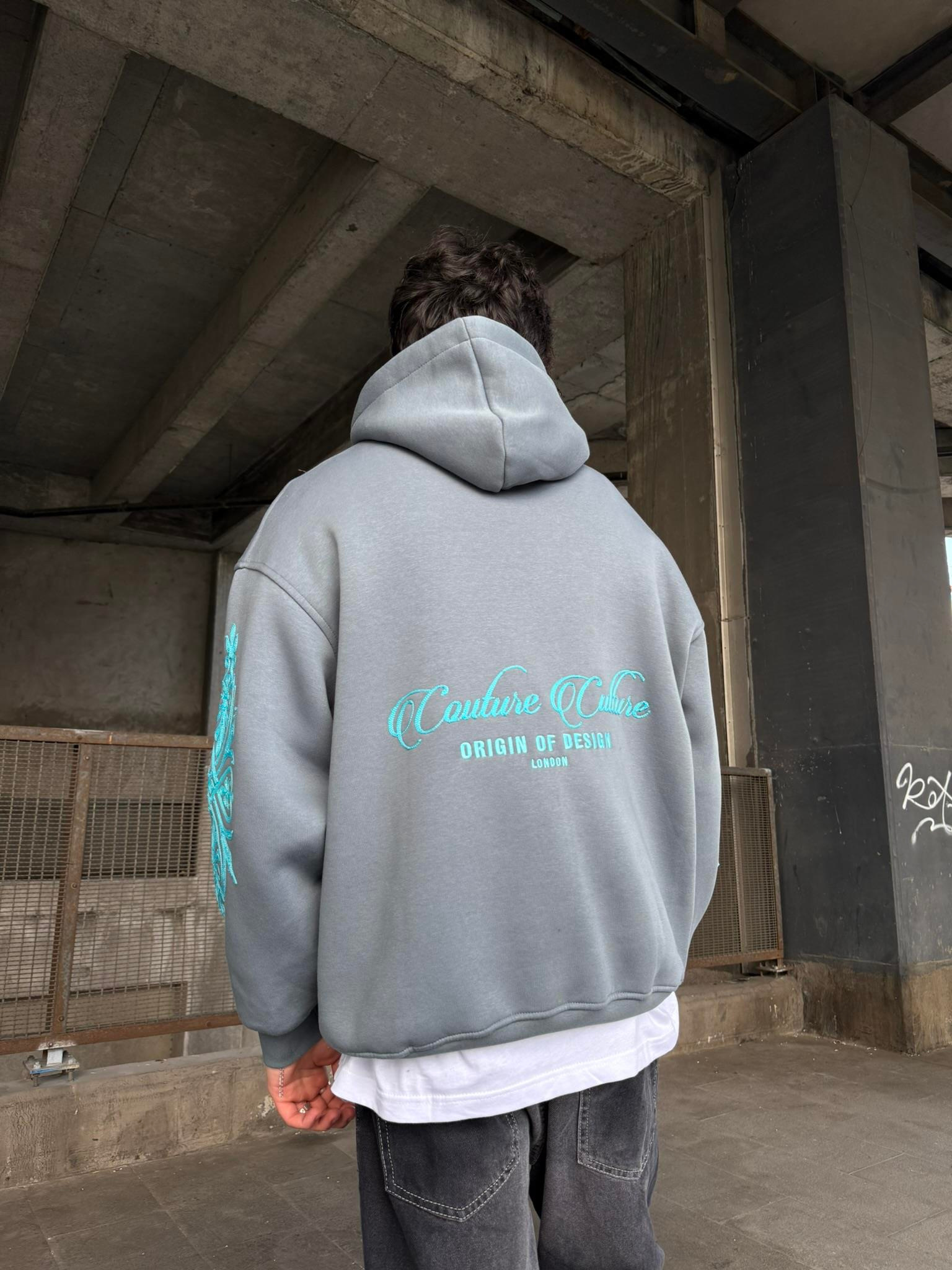 Erkek Oversize Baskılı Hoodie Sweatshirt Gri