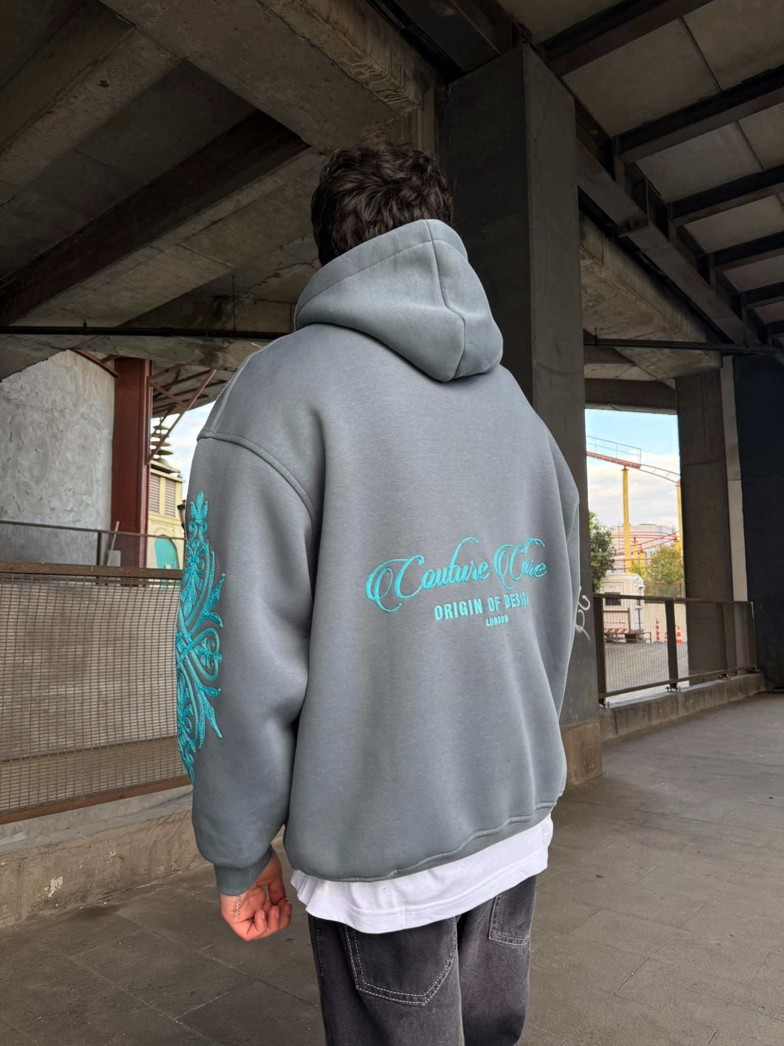 Erkek Oversize Baskılı Hoodie Sweatshirt Gri