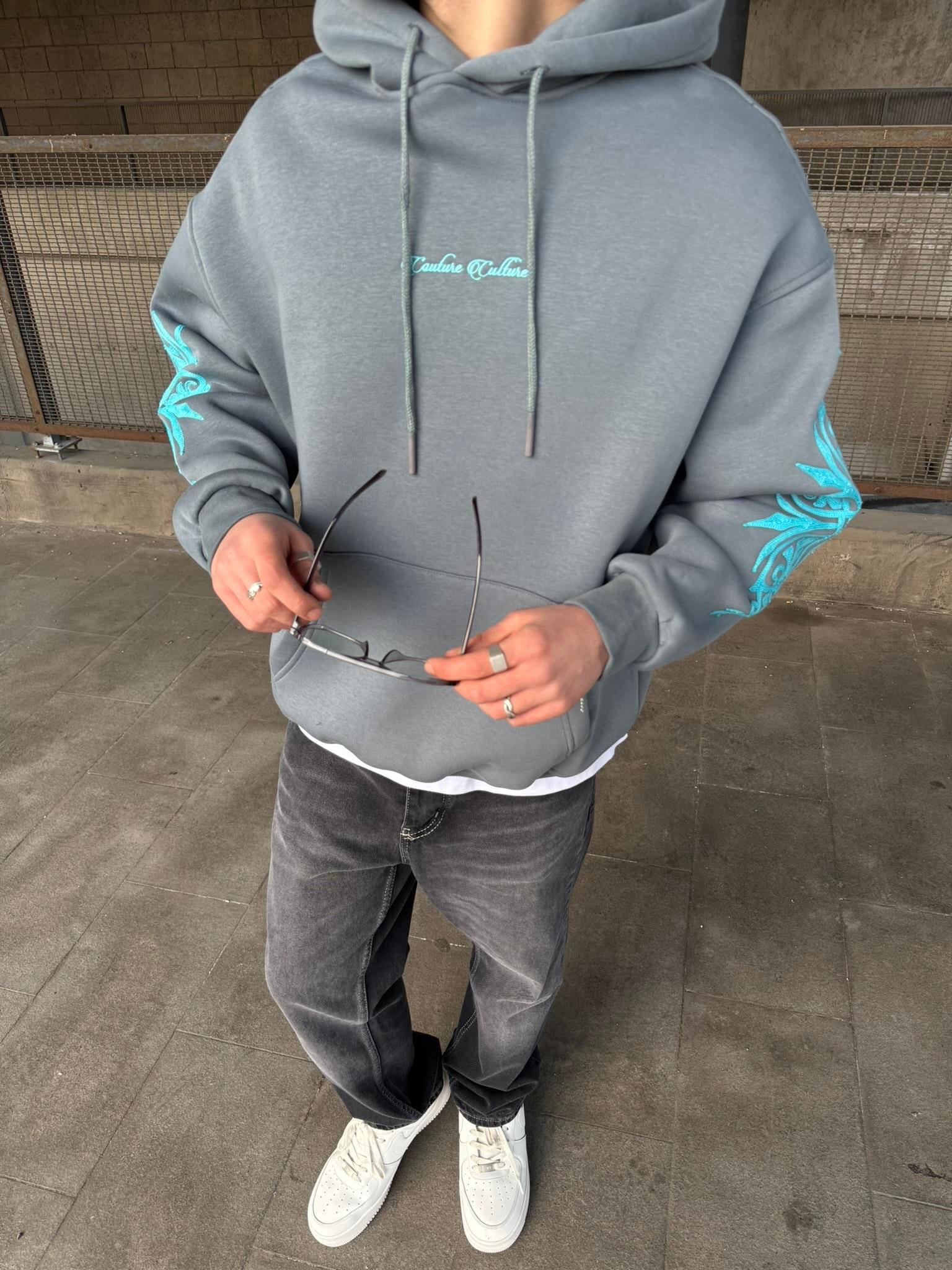 Erkek Oversize Baskılı Hoodie Sweatshirt Gri
