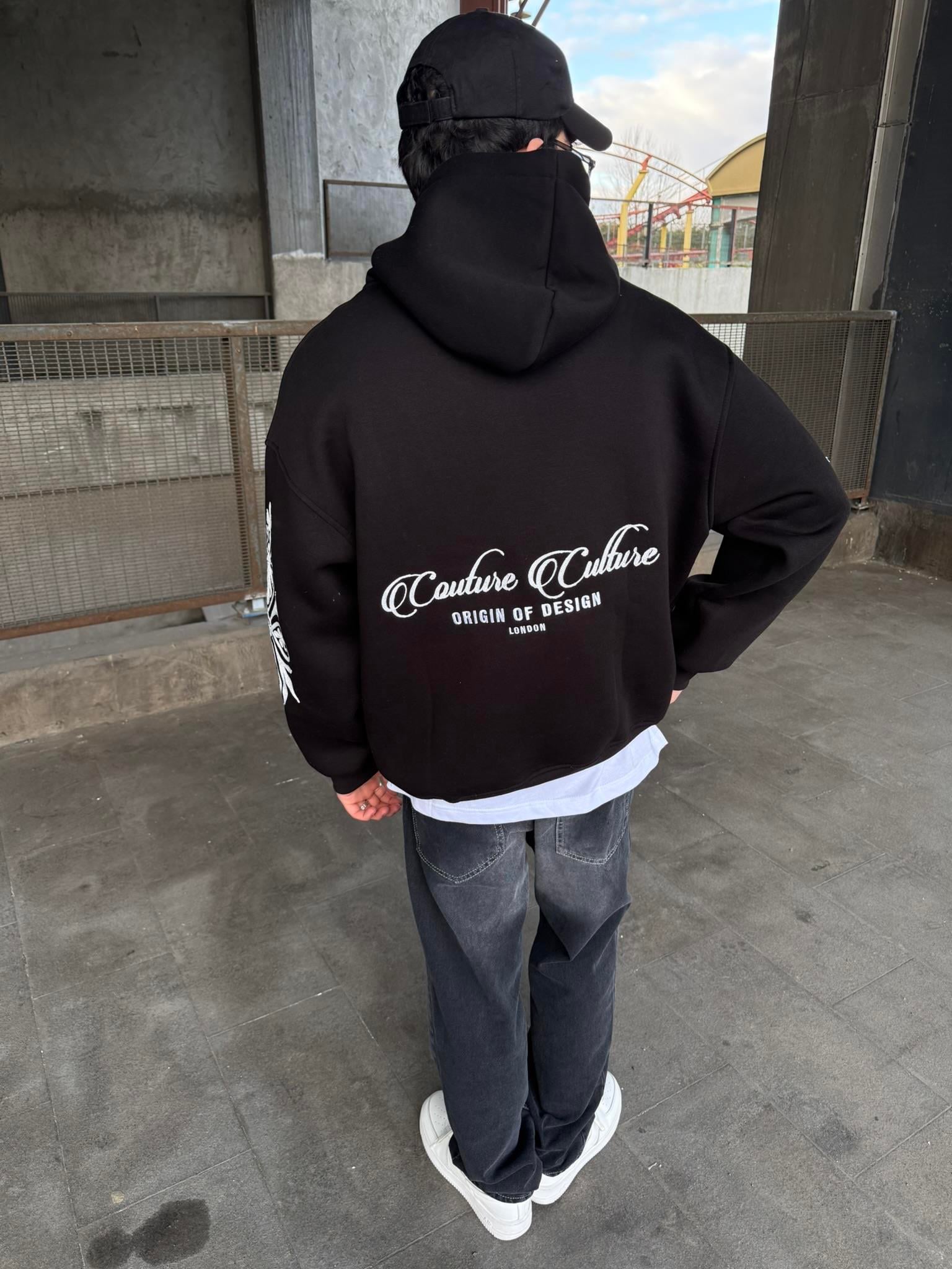 Erkek Oversize Baskılı Hoodie Sweatshirt Siyah