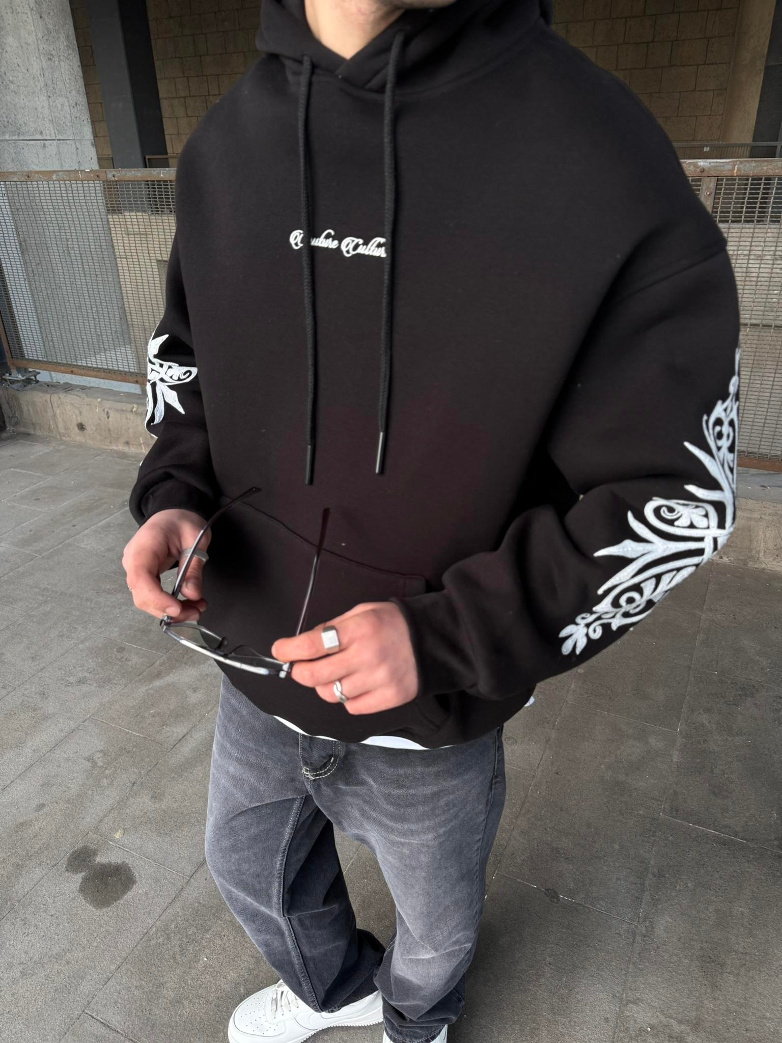 Erkek Oversize Baskılı Hoodie Sweatshirt Siyah