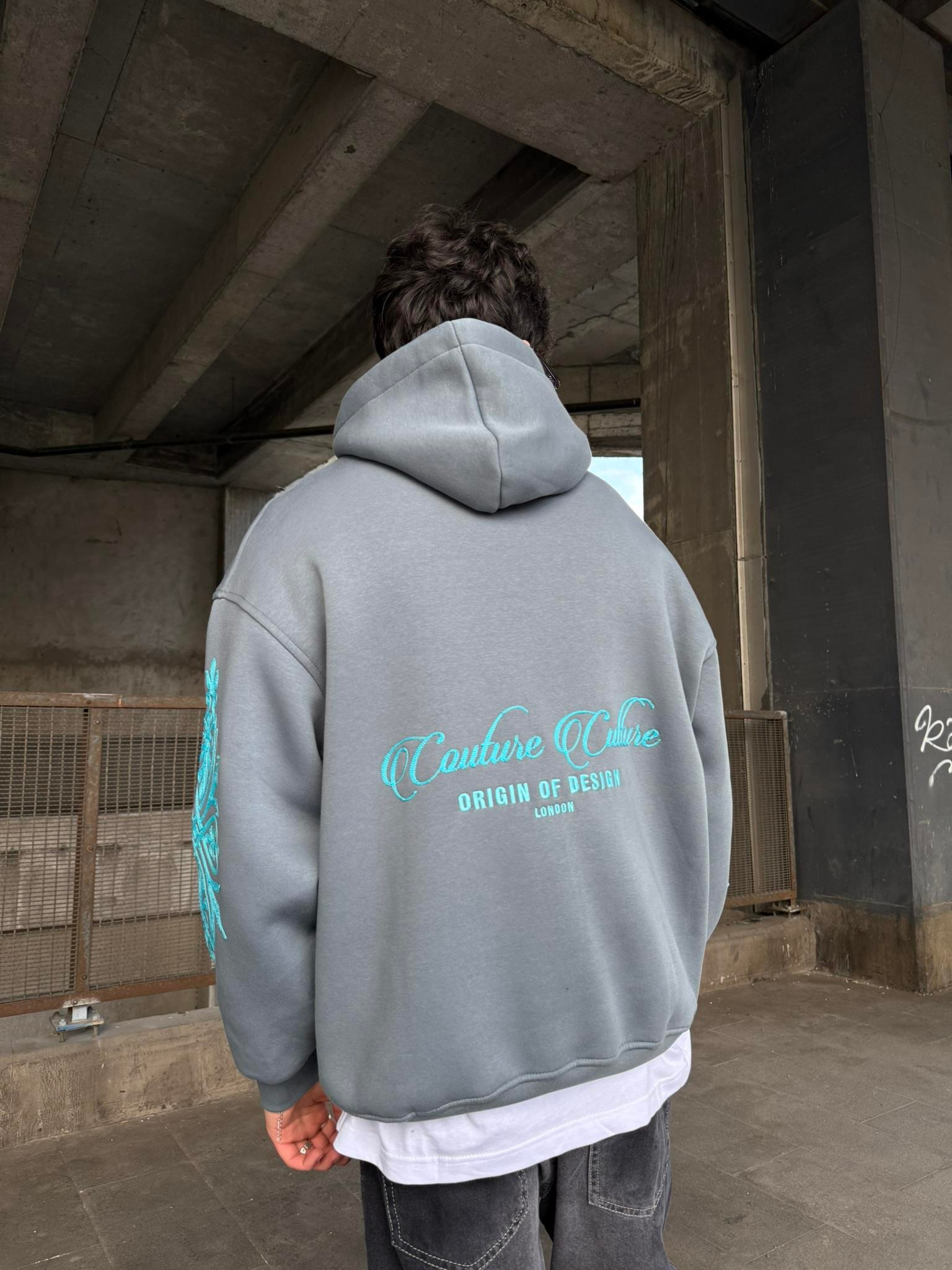Erkek Oversize Baskılı Hoodie Sweatshirt Gri