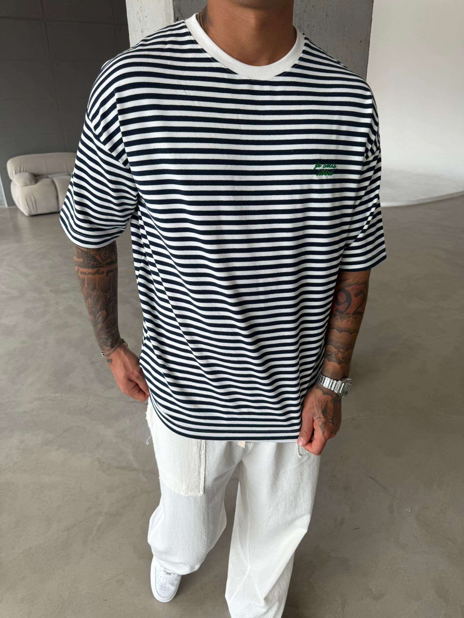 Erkek Oversize Cizgili Rahat T-Shirt - Mavi