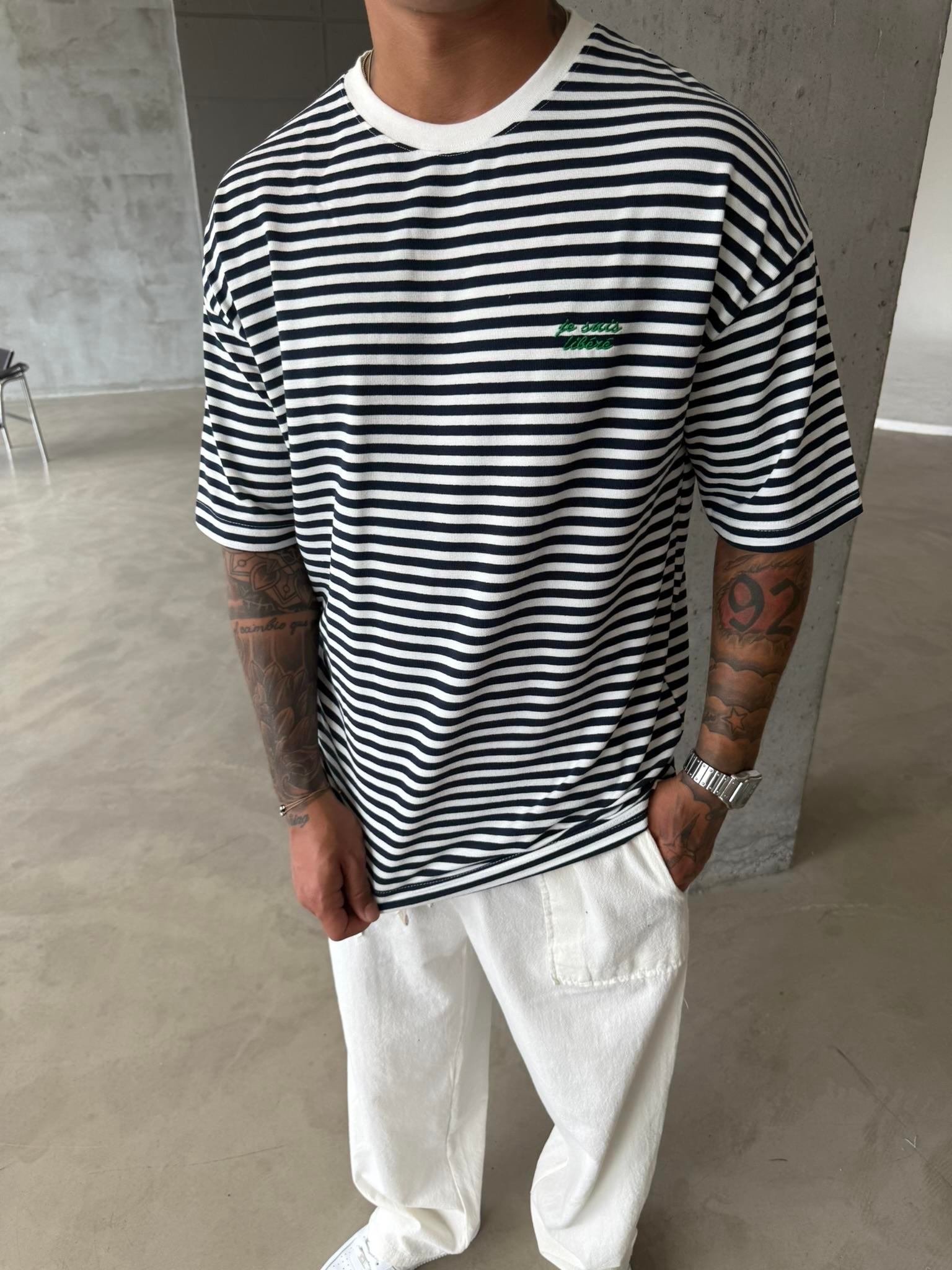 Erkek Oversize Cizgili Rahat T-Shirt - Mavi