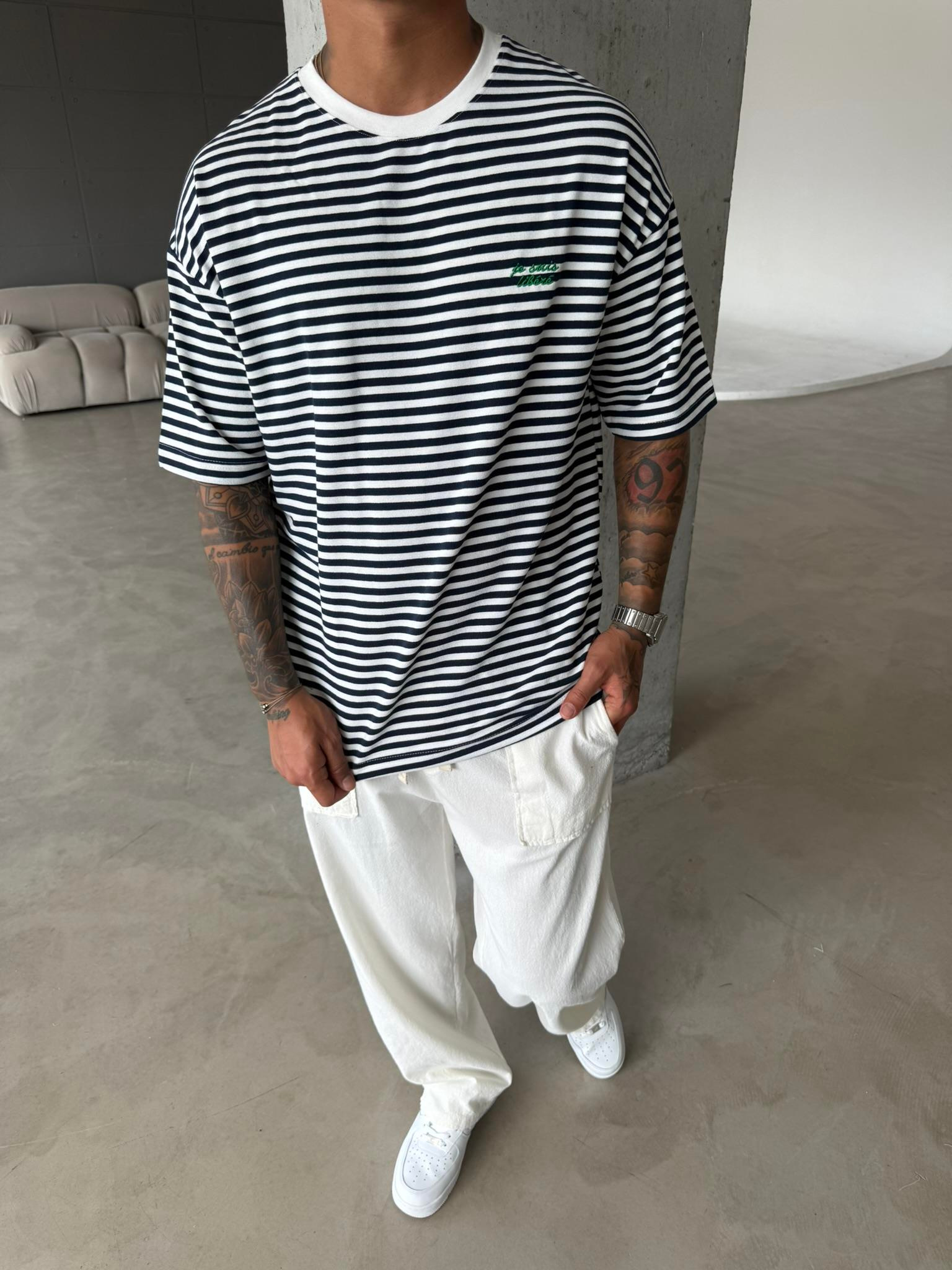 Erkek Oversize Cizgili Rahat T-Shirt - Mavi