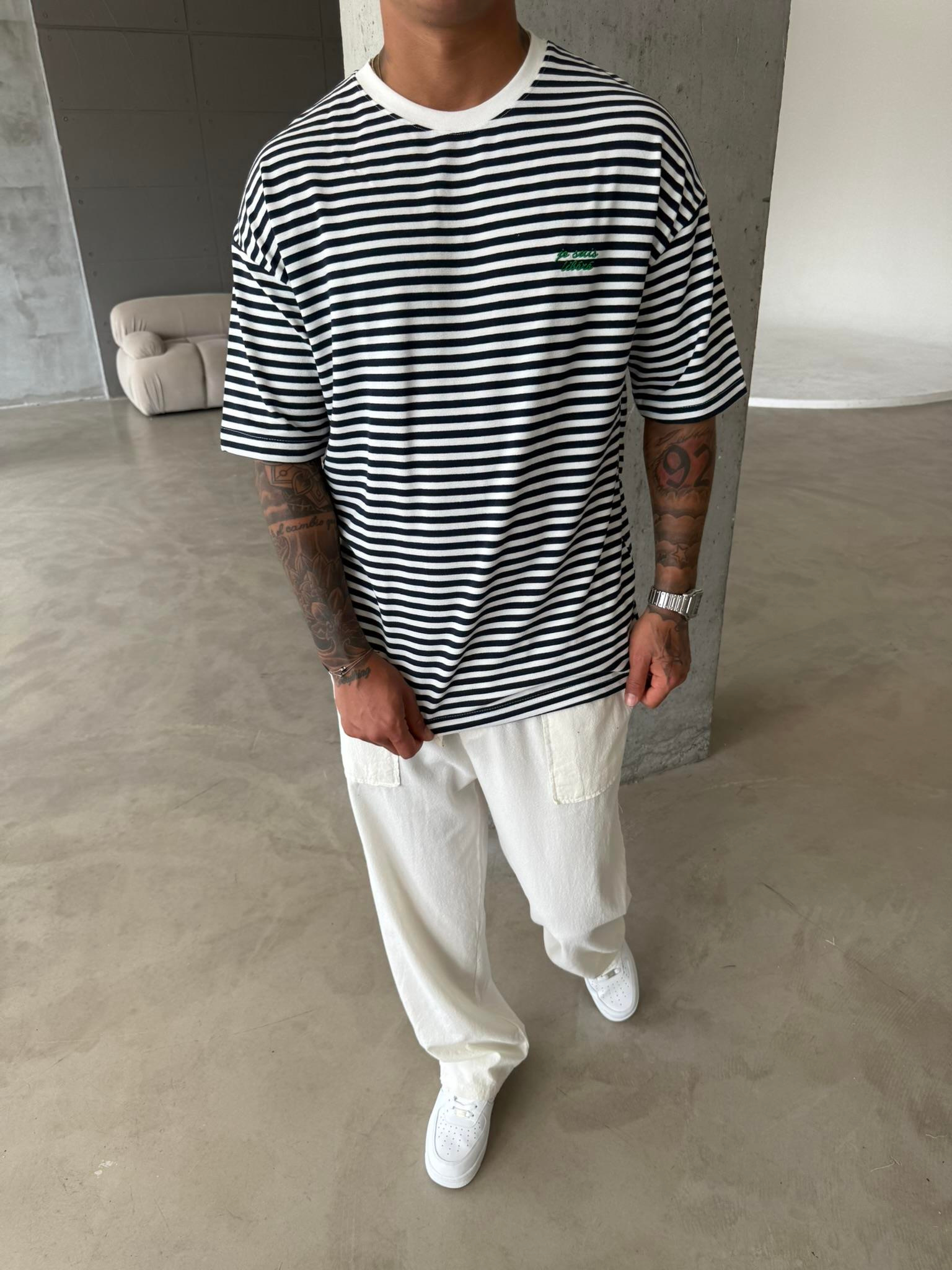 Erkek Oversize Cizgili Rahat T-Shirt - Mavi