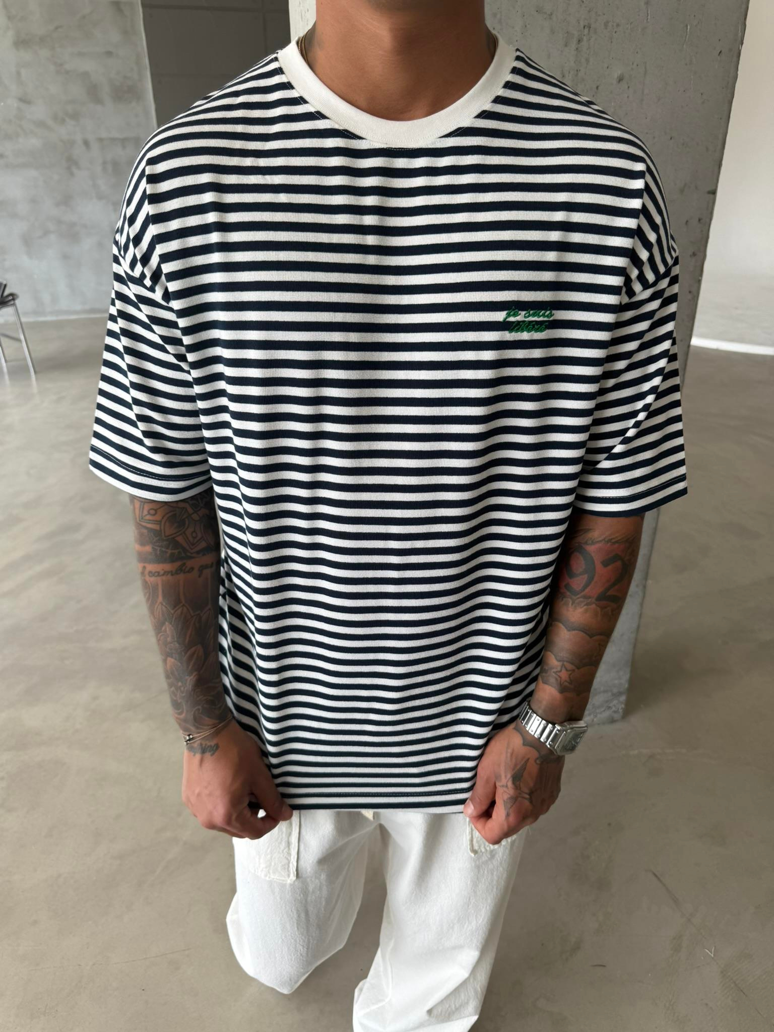 Erkek Oversize Cizgili Rahat T-Shirt - Mavi