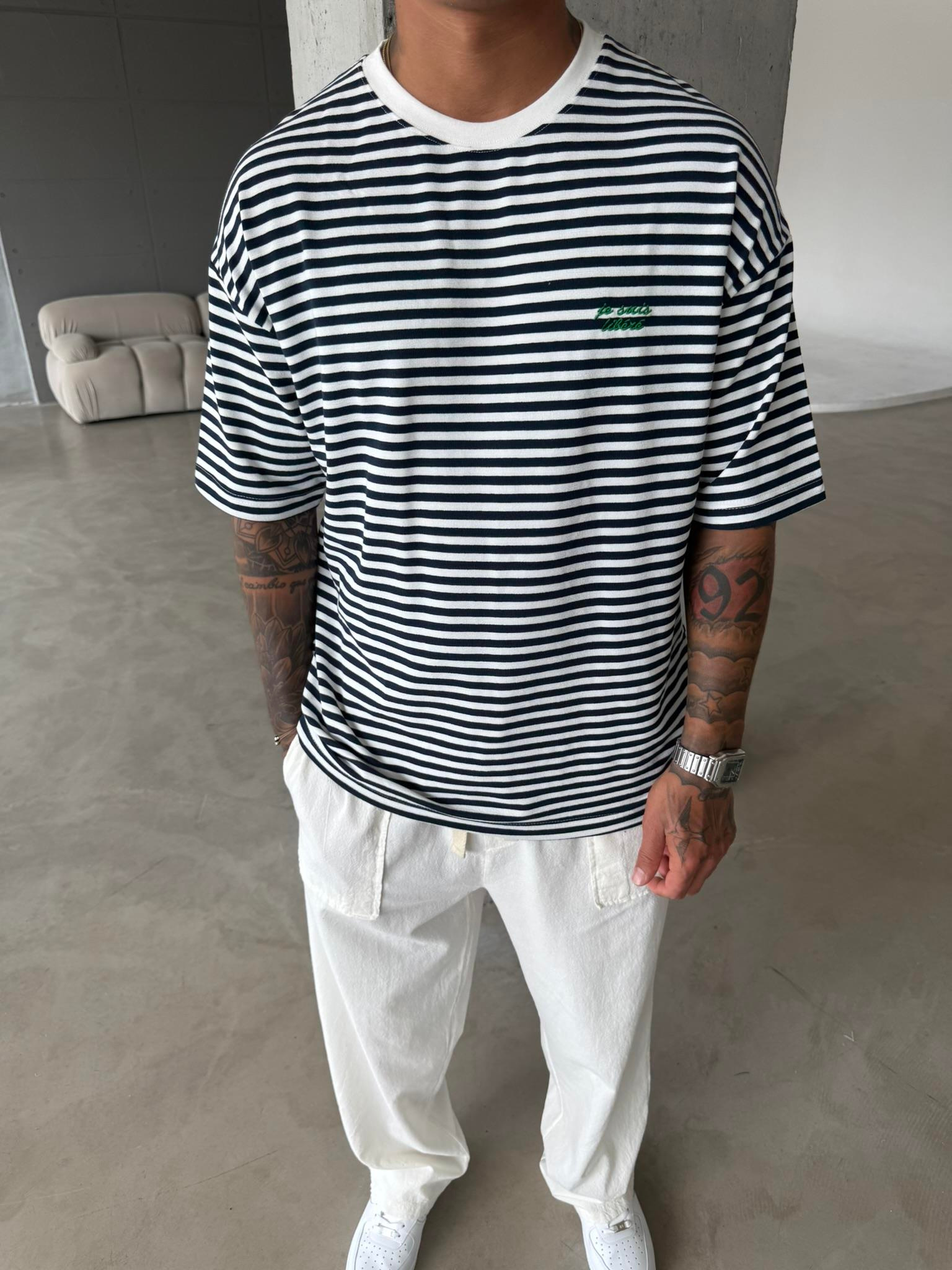 Erkek Oversize Cizgili Rahat T-Shirt - Mavi