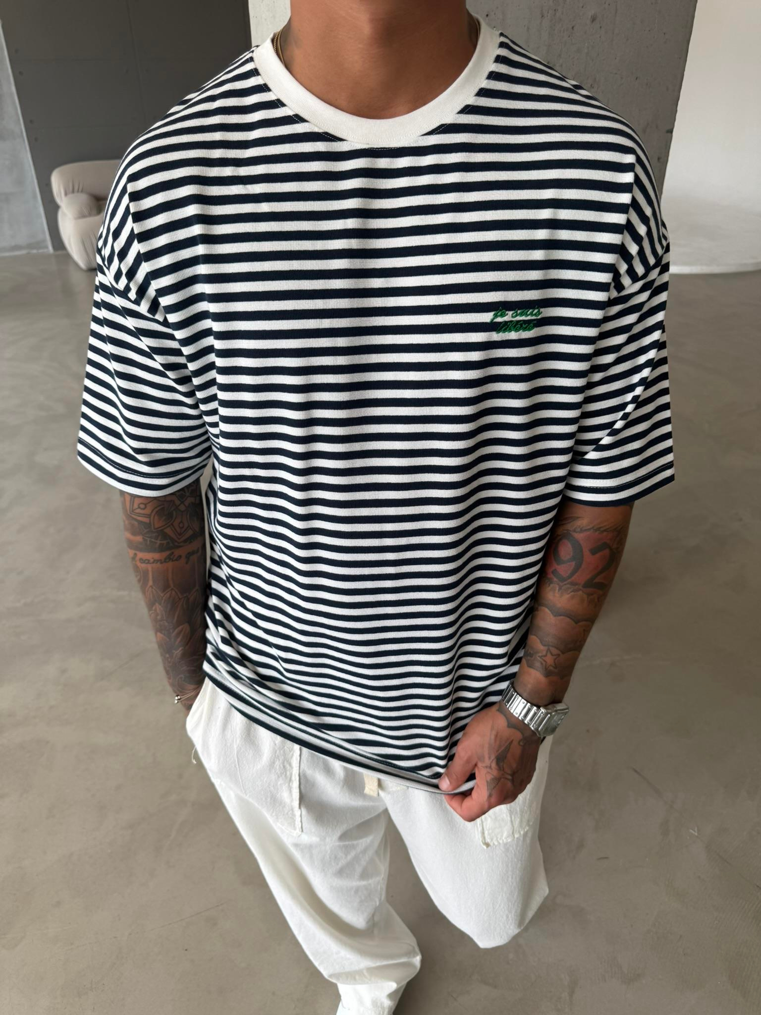 Erkek Oversize Cizgili Rahat T-Shirt - Mavi