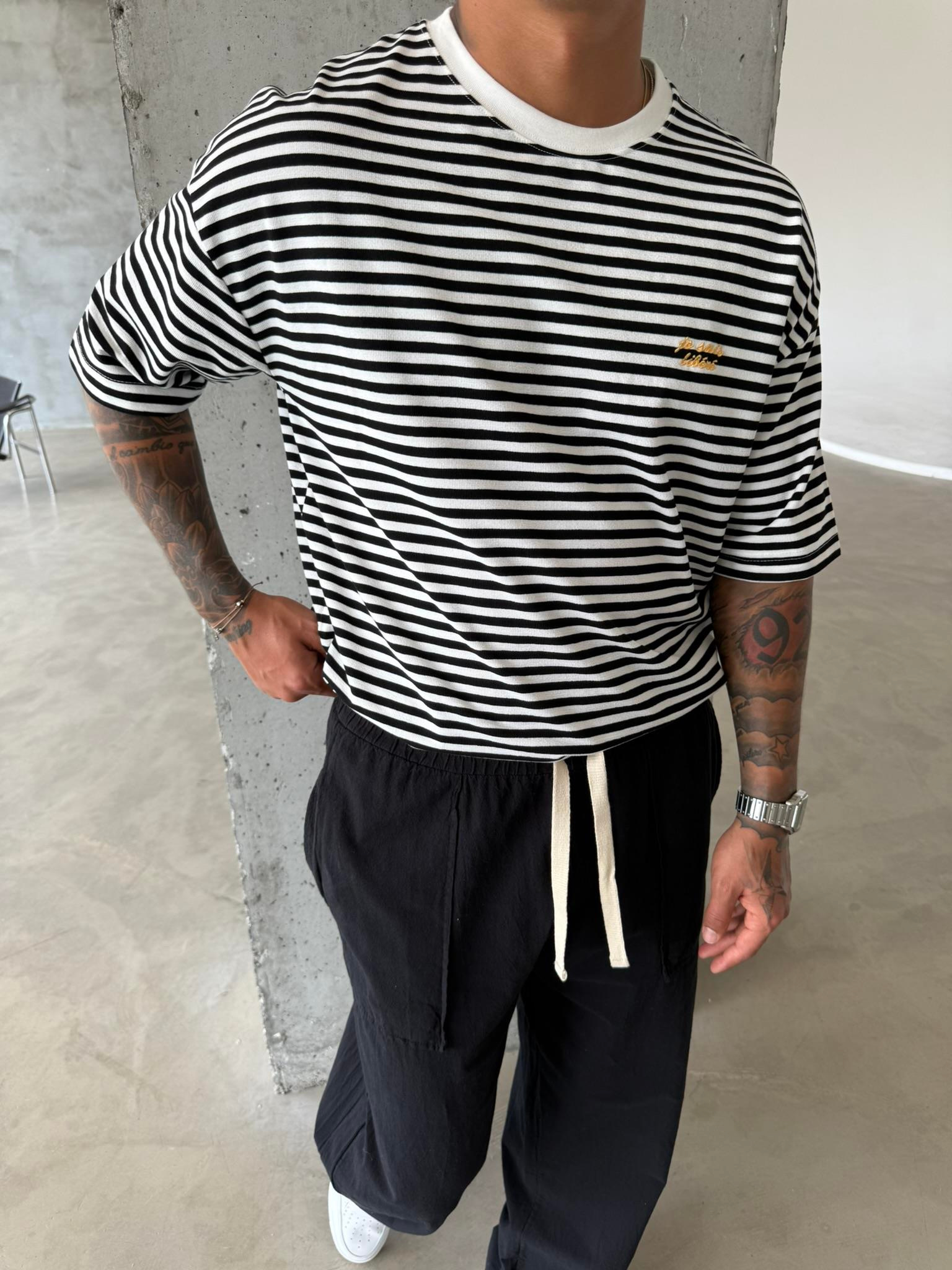 Erkek Oversize Cizgili Rahat T-Shirt - Siyah