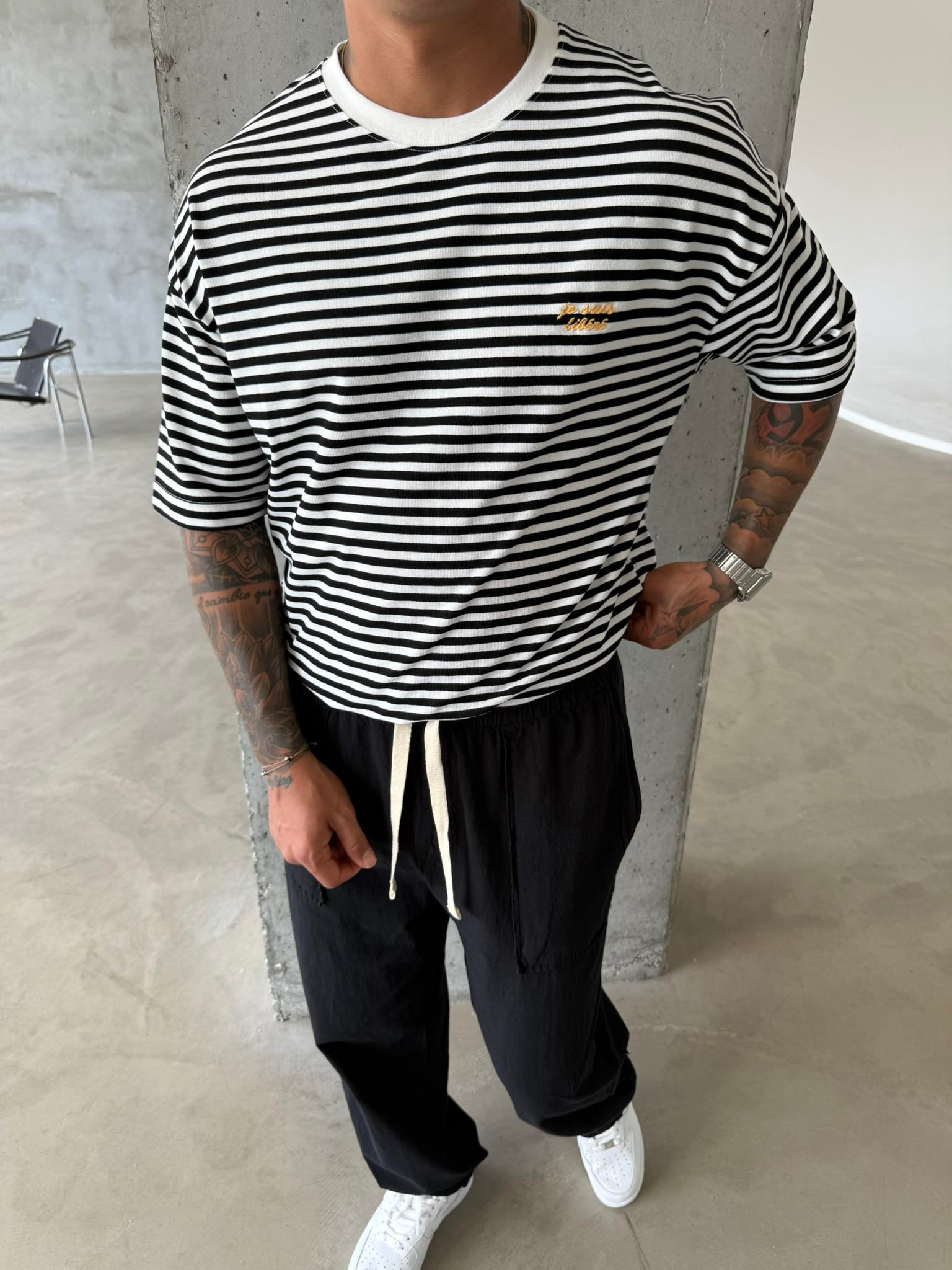 Erkek Oversize Cizgili Rahat T-Shirt - Siyah