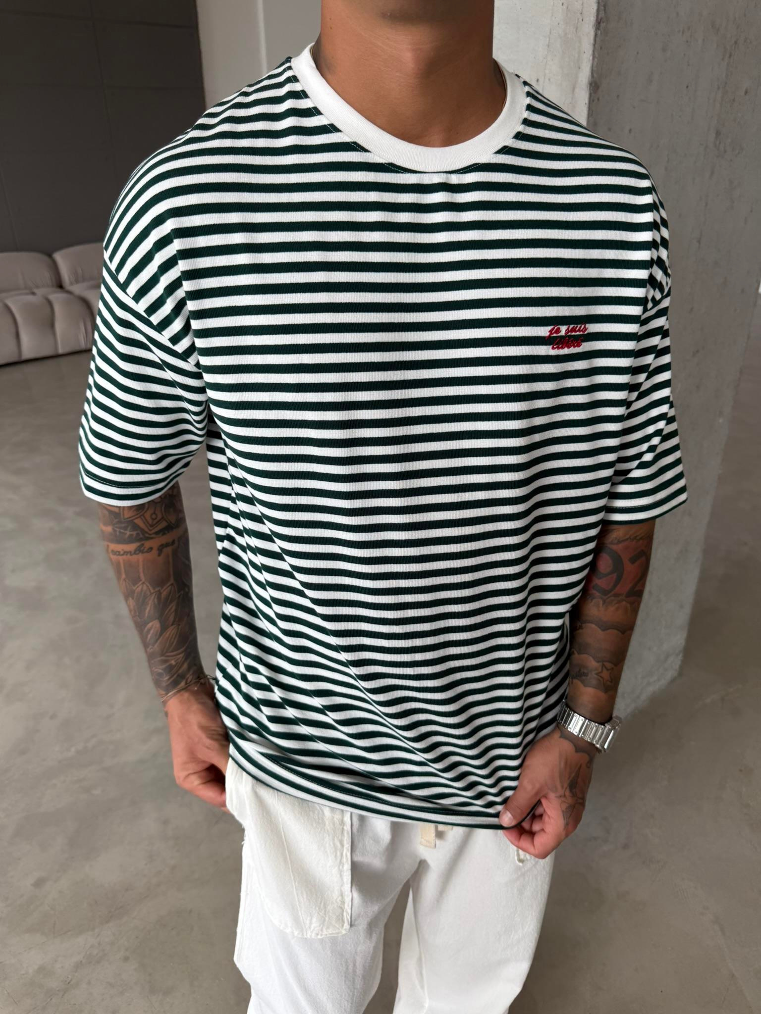 Erkek Oversize Cizgili Rahat T-Shirt - Yeşil