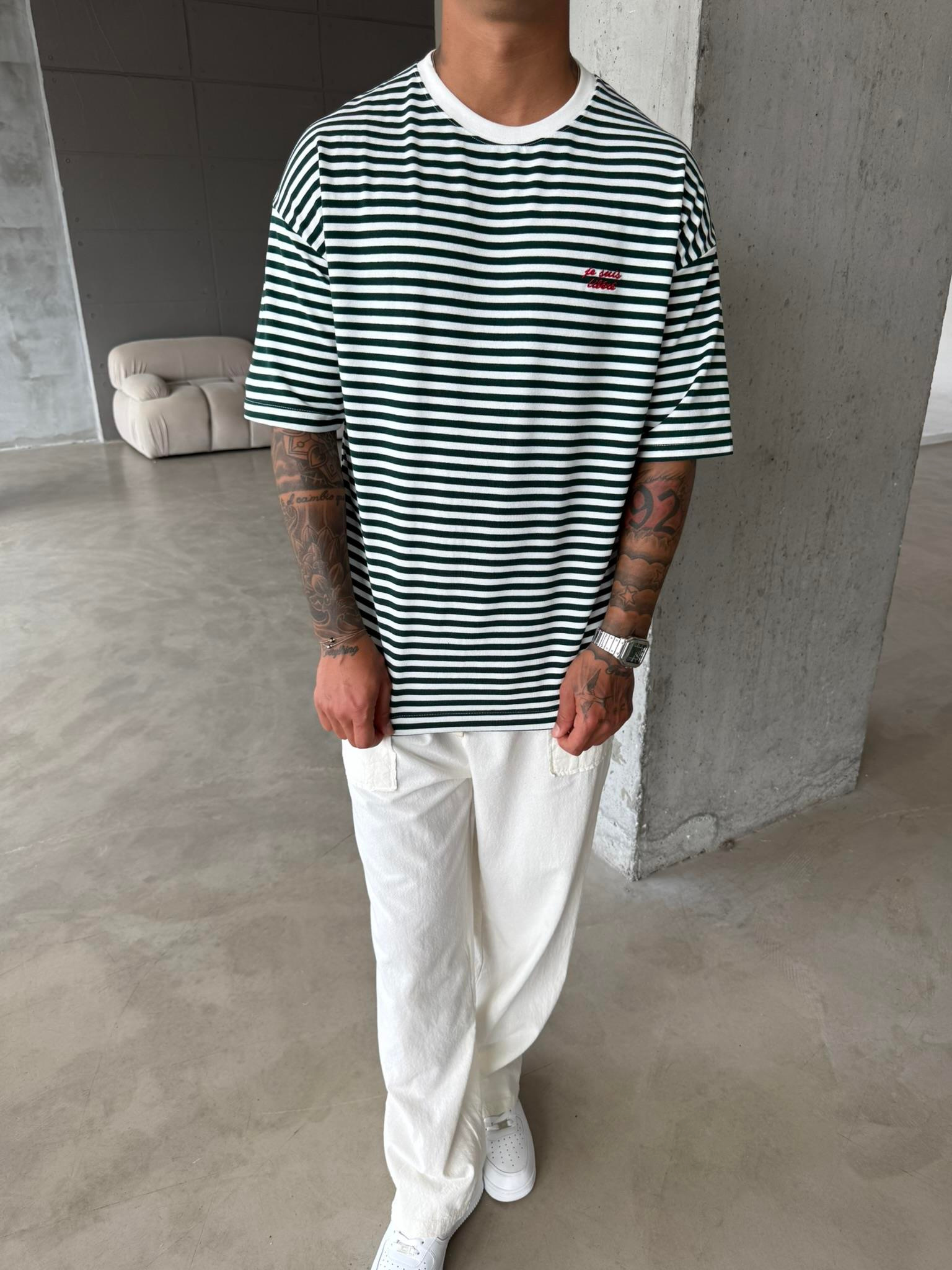 Erkek Oversize Cizgili Rahat T-Shirt - Yeşil