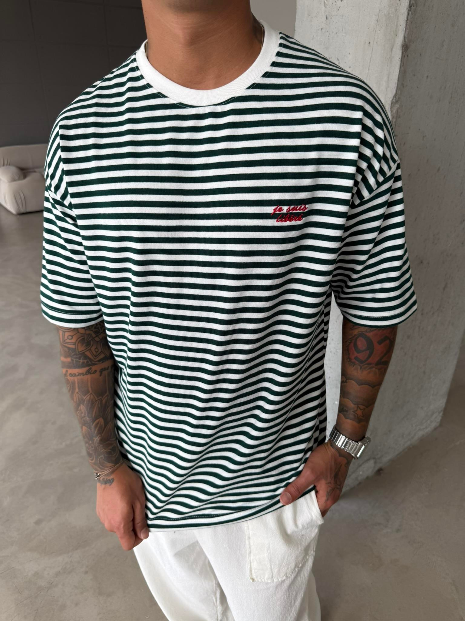 Erkek Oversize Cizgili Rahat T-Shirt - Yeşil