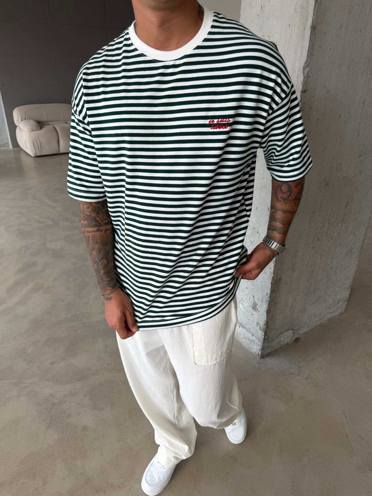 Erkek Oversize Cizgili Rahat T-Shirt - Yeşil