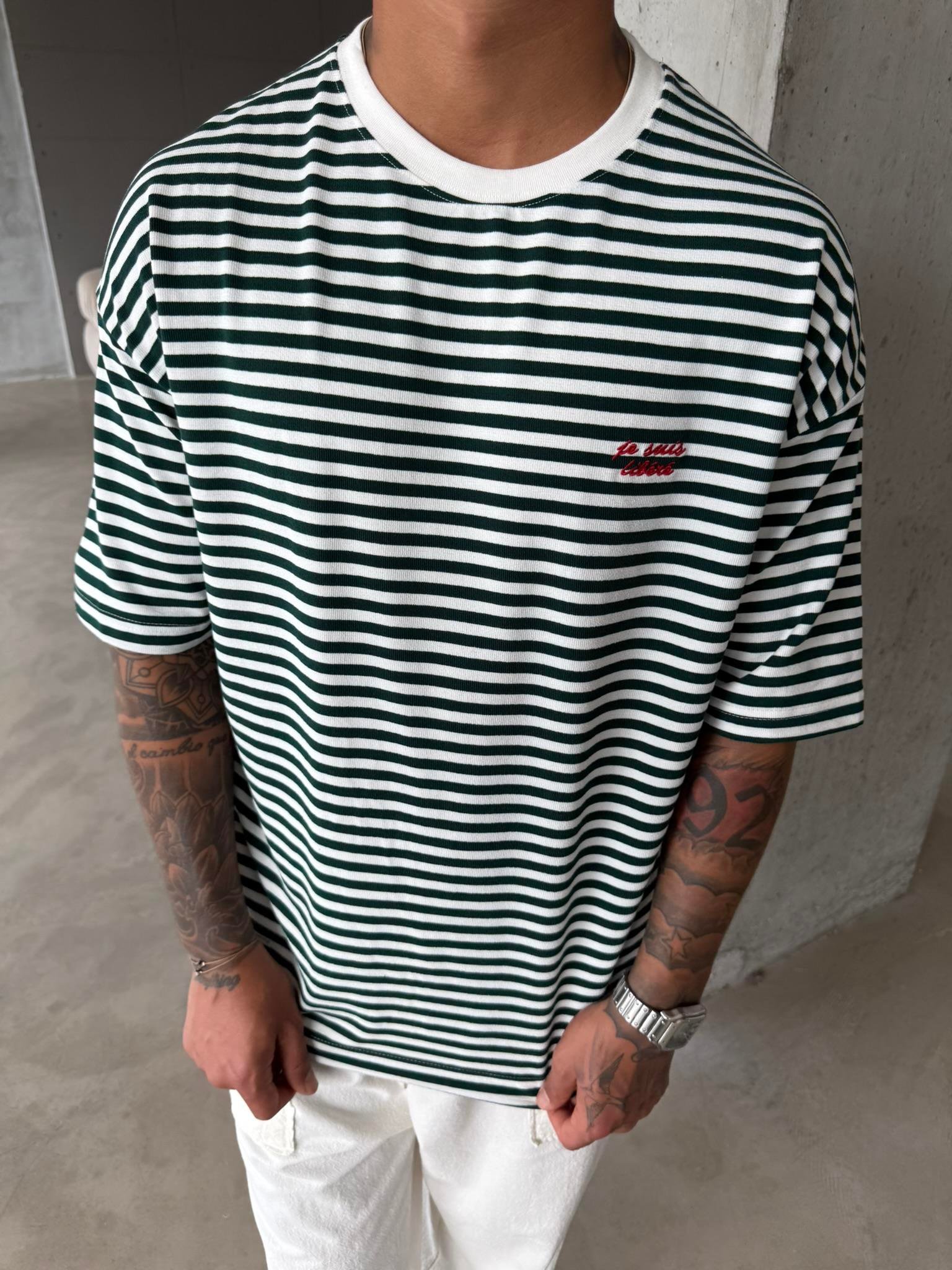 Erkek Oversize Cizgili Rahat T-Shirt - Yeşil