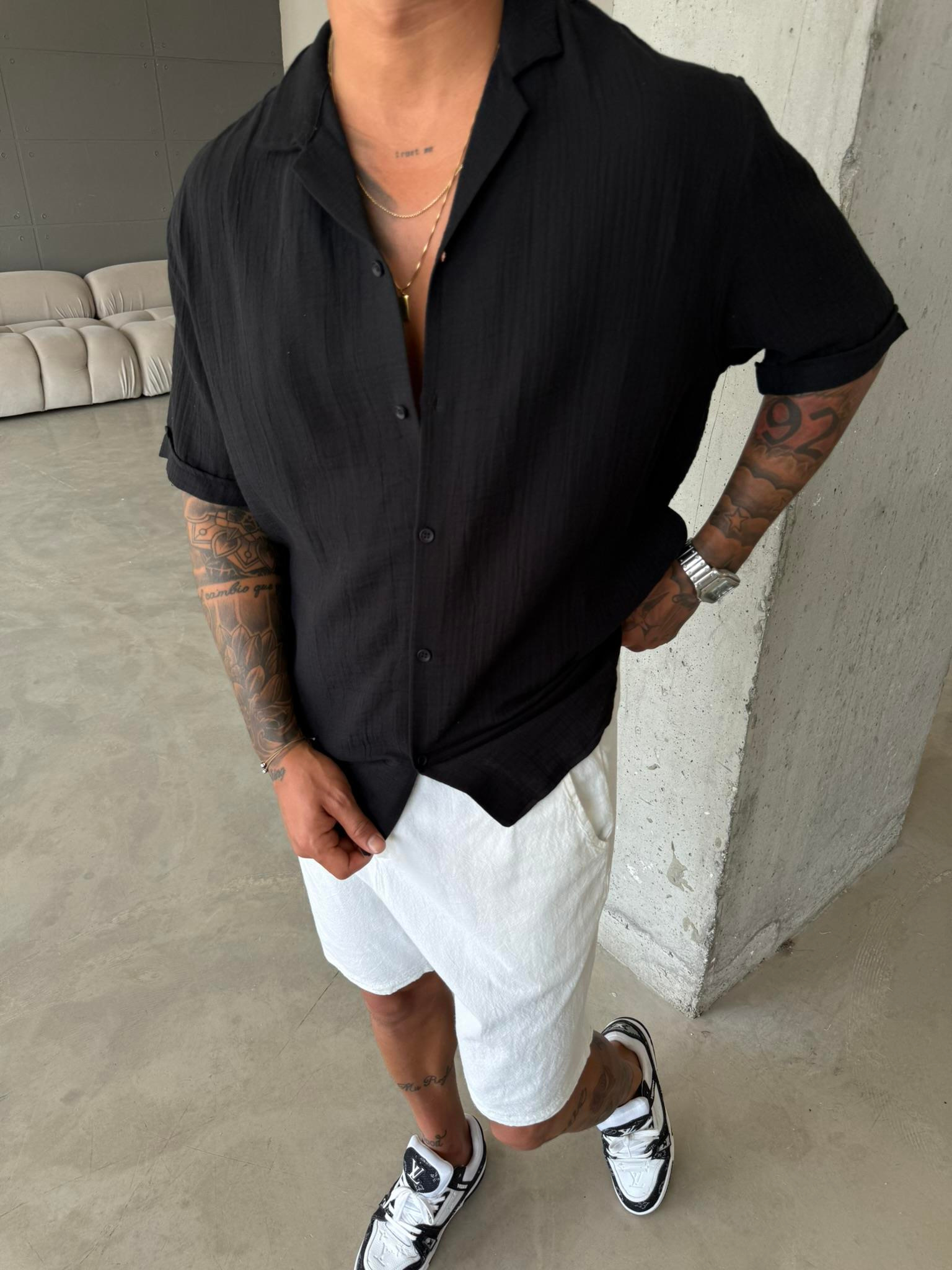 Erkek Oversize Fit Kısa Kollu Müslin Gömlek - Siyah