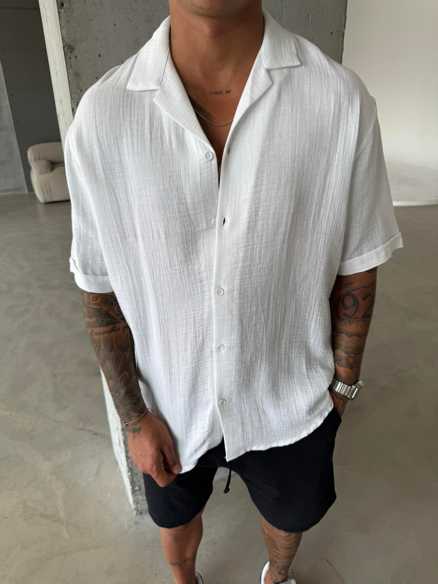 Erkek Oversize Fit Kısa Kollu Müslin Gömlek - Beyaz