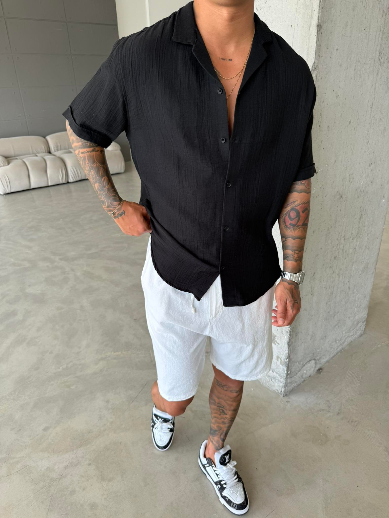 Erkek Oversize Fit Kısa Kollu Müslin Gömlek - Siyah