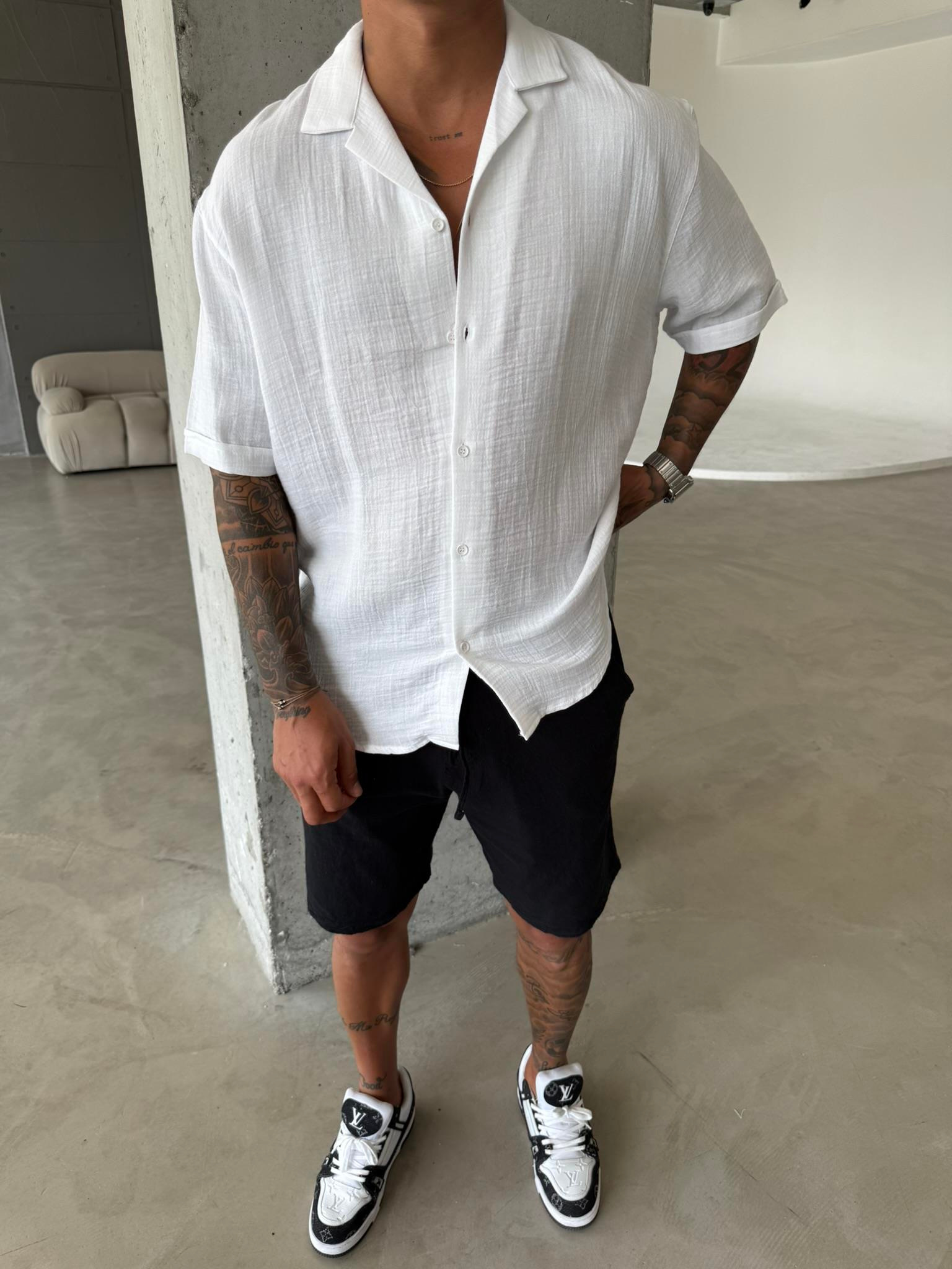 Erkek Oversize Fit Kısa Kollu Müslin Gömlek - Beyaz