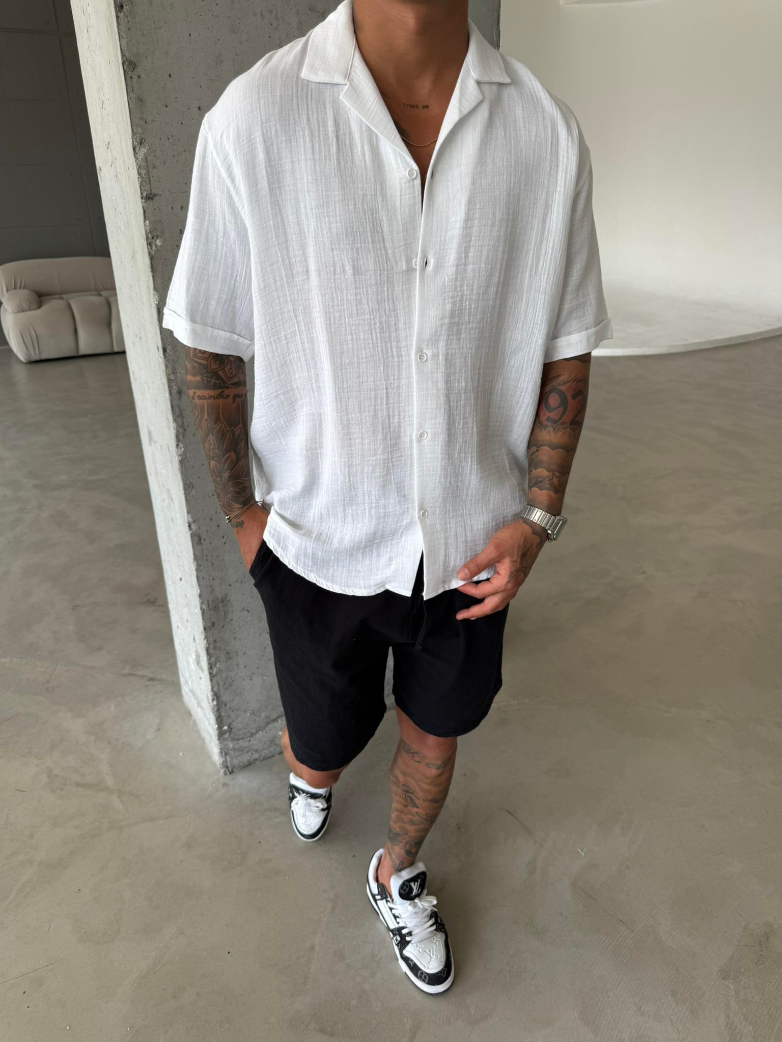 Erkek Oversize Fit Kısa Kollu Müslin Gömlek - Beyaz