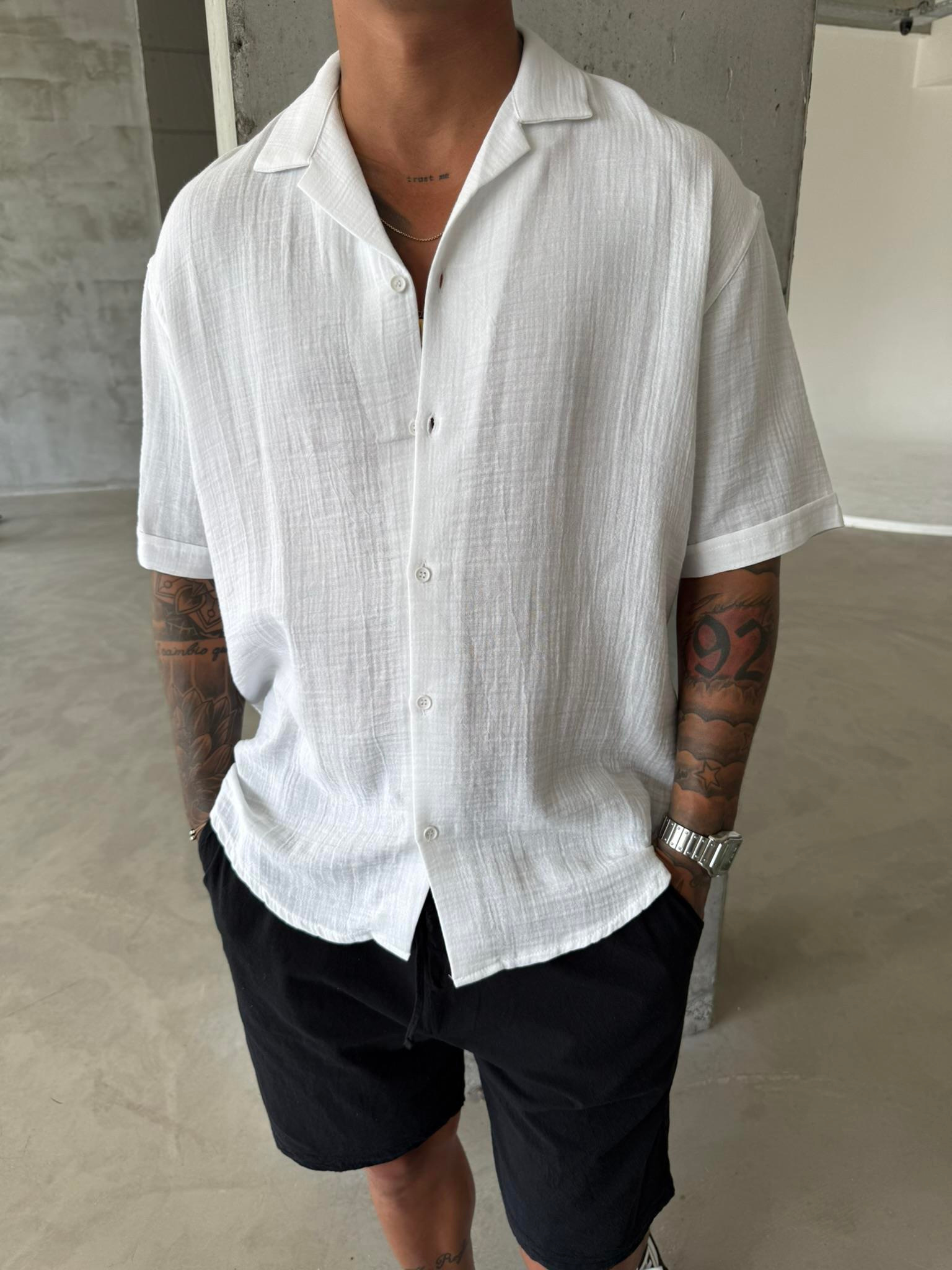 Erkek Oversize Fit Kısa Kollu Müslin Gömlek - Beyaz