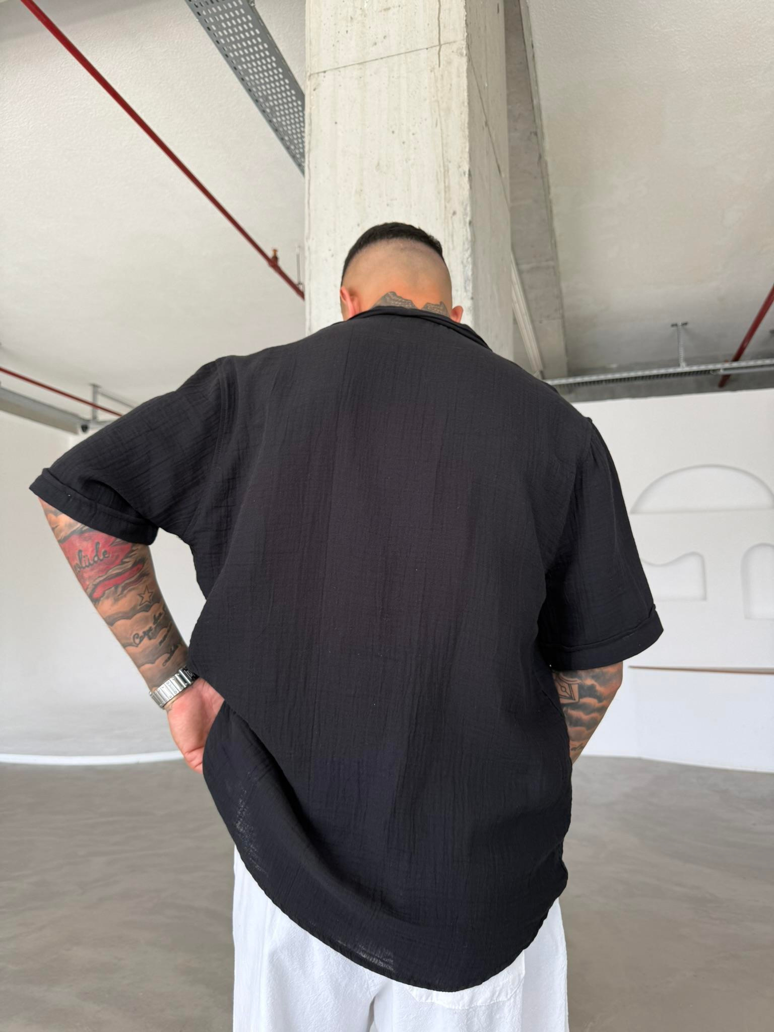 Erkek Oversize Fit Kısa Kollu Müslin Gömlek - Siyah