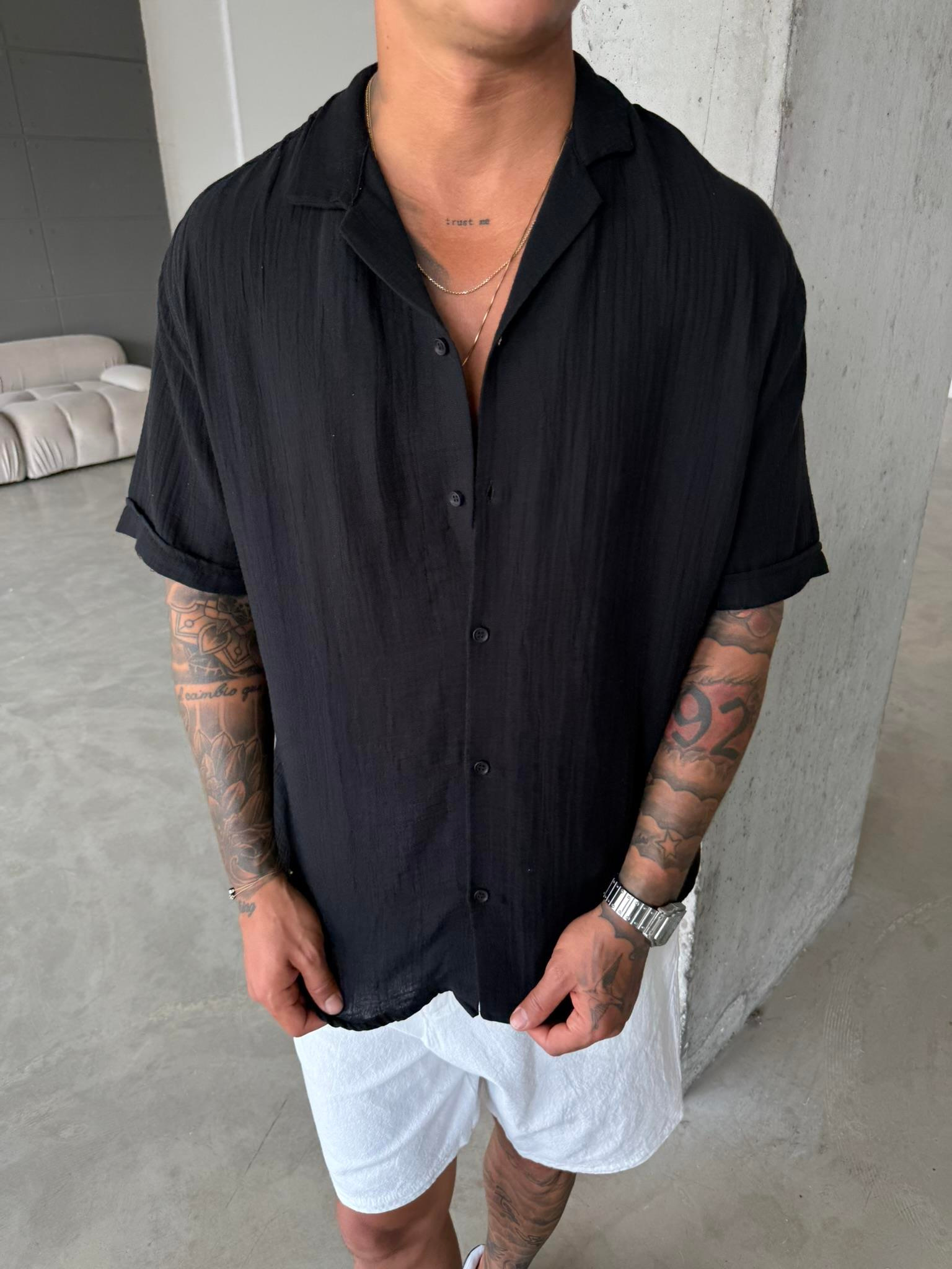 Erkek Oversize Fit Kısa Kollu Müslin Gömlek - Siyah