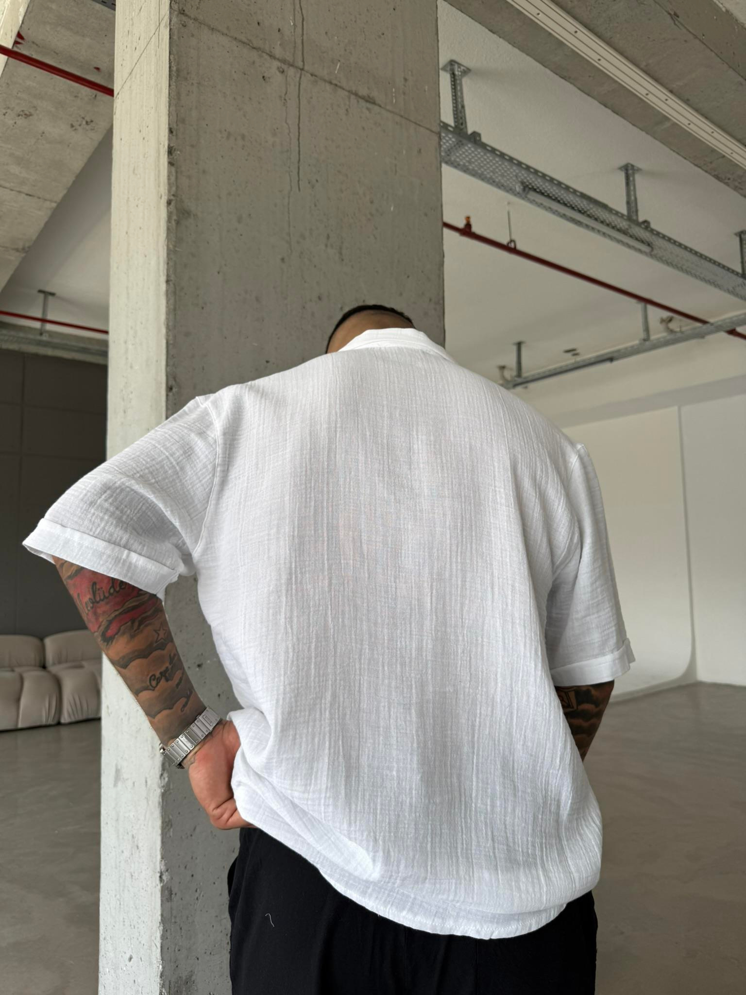 Erkek Oversize Fit Kısa Kollu Müslin Gömlek - Beyaz