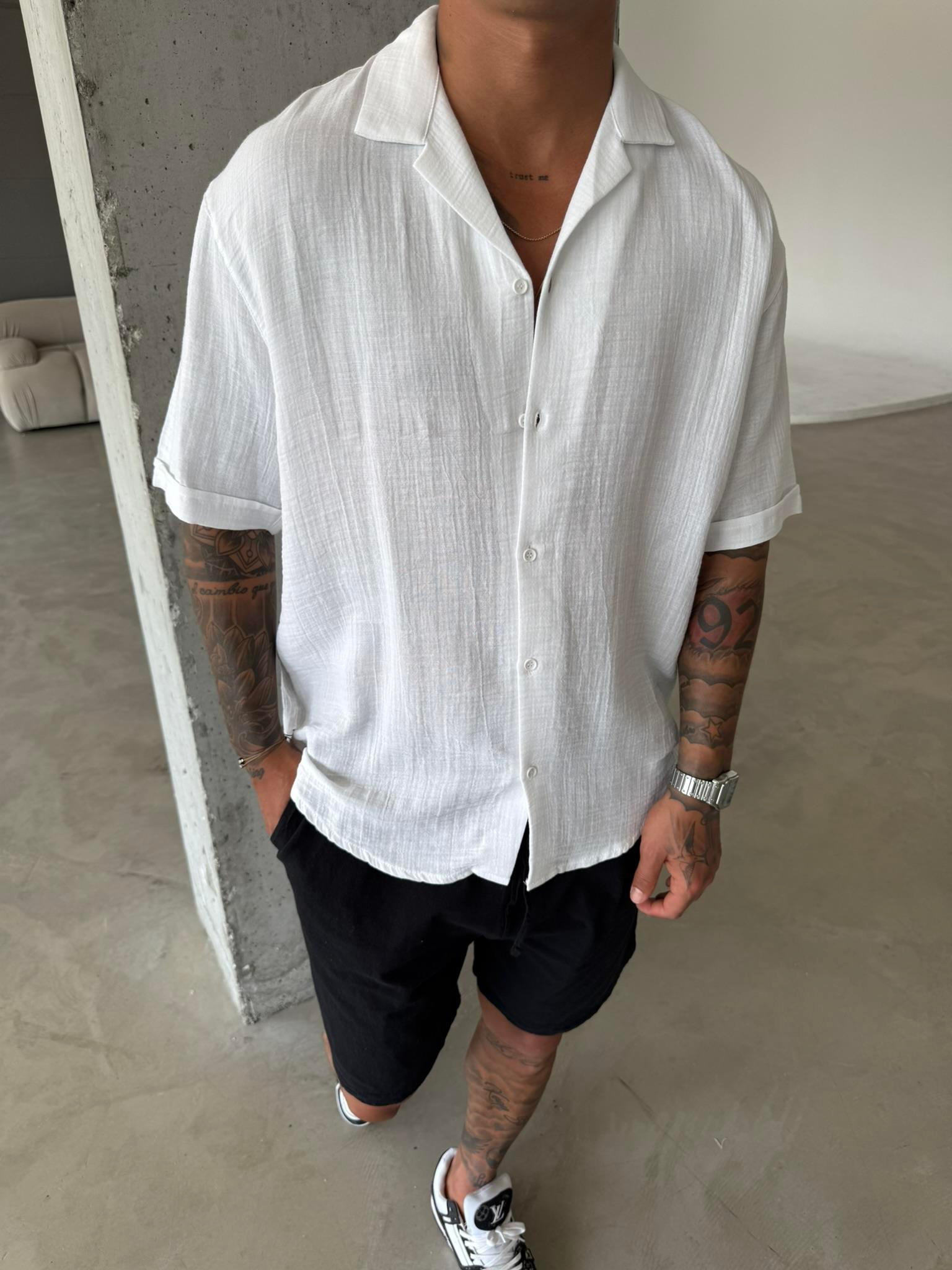 Erkek Oversize Fit Kısa Kollu Müslin Gömlek - Beyaz