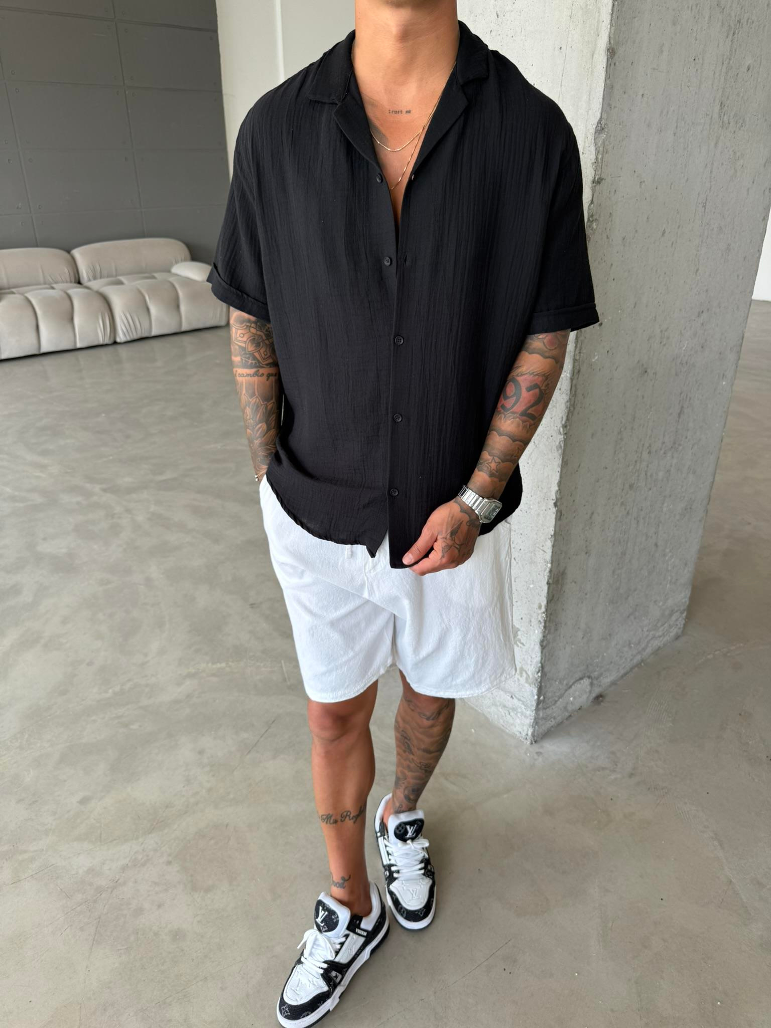 Erkek Oversize Fit Kısa Kollu Müslin Gömlek - Siyah