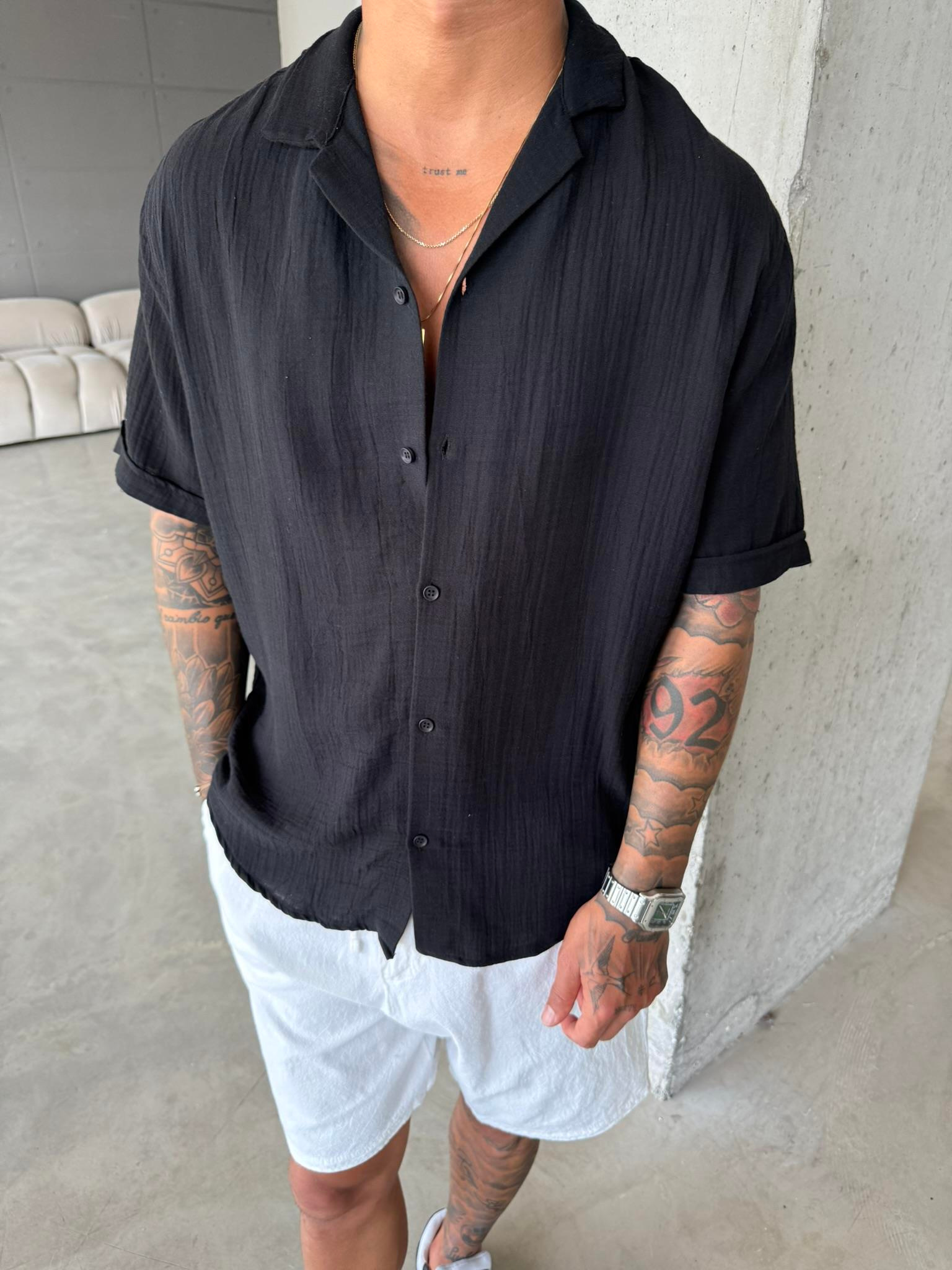 Erkek Oversize Fit Kısa Kollu Müslin Gömlek - Siyah
