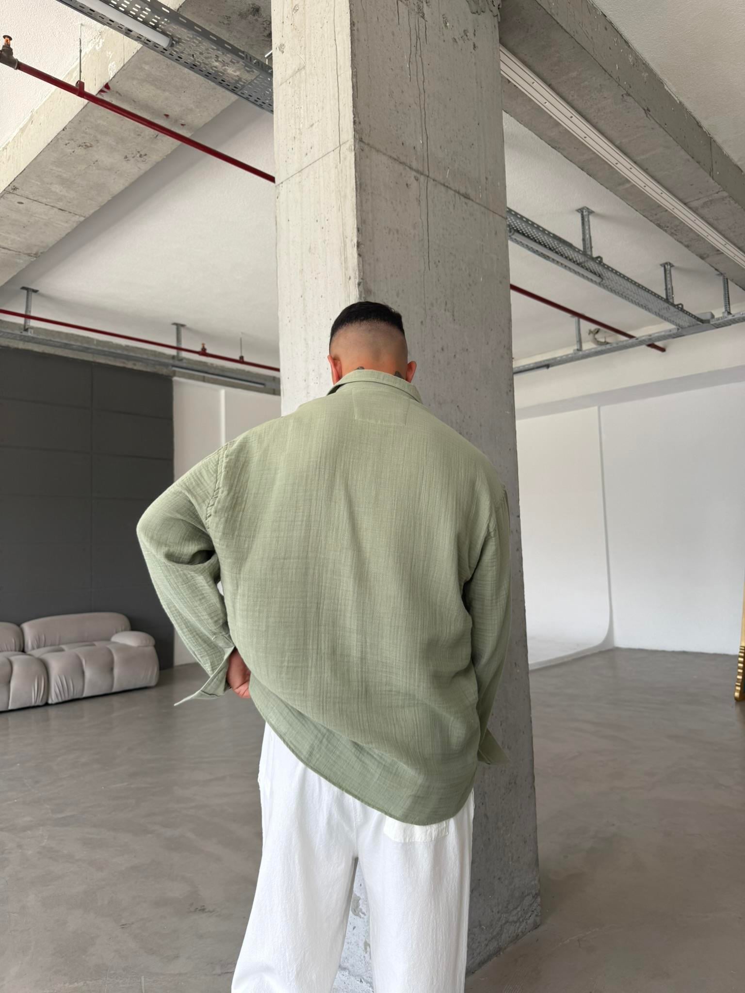 Erkek Oversize Fit Uzun Kollu Müslin Gömlek - Haki