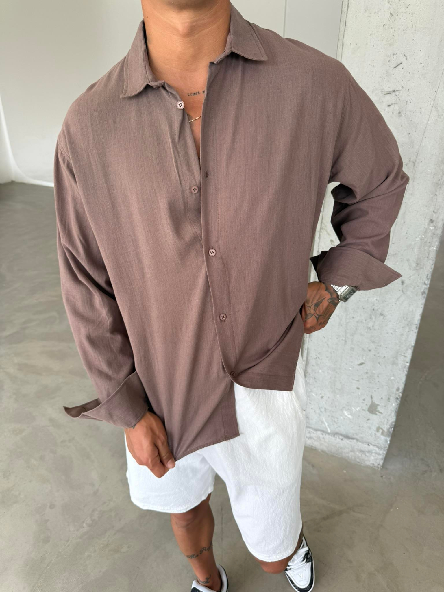 Erkek Oversize Fit Uzun Kollu Müslin Gömlek - Kahve