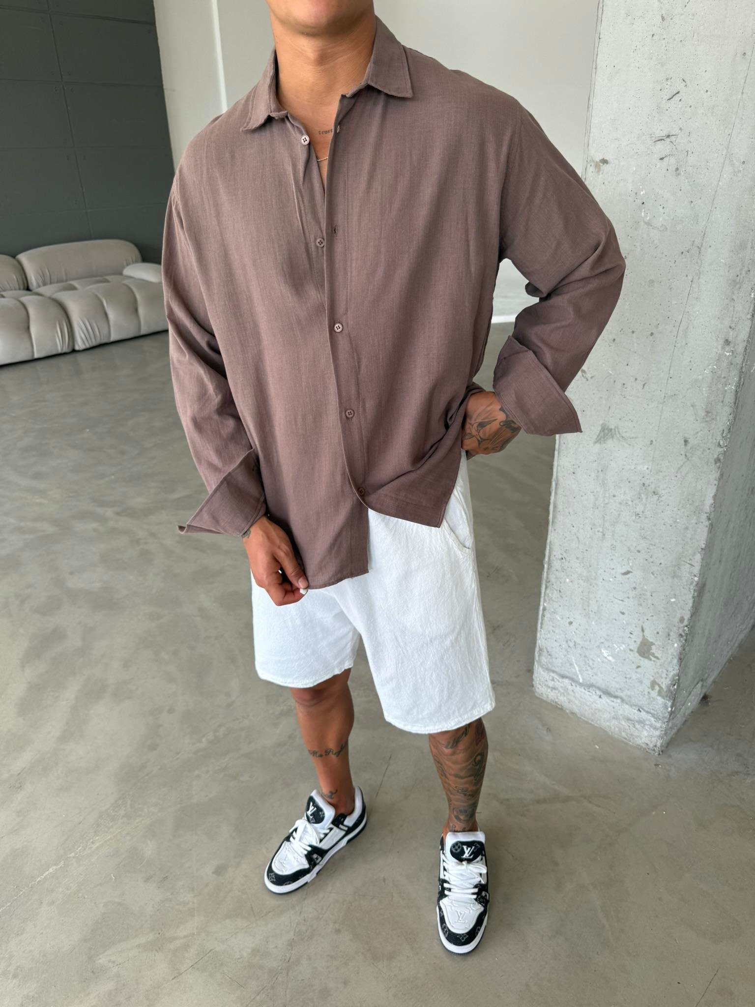 Erkek Oversize Fit Uzun Kollu Müslin Gömlek - Kahve