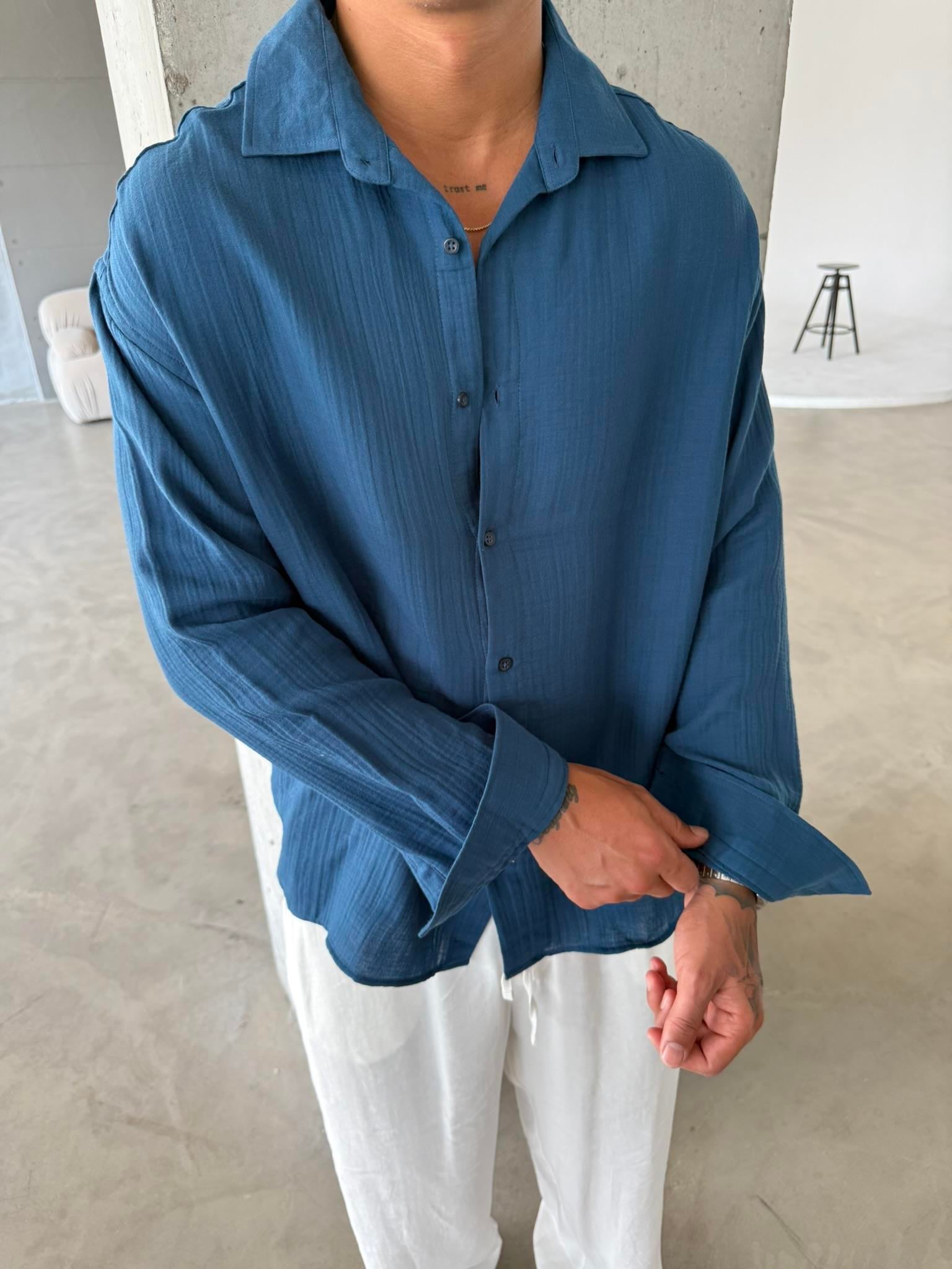 Erkek Oversize Fit Uzun Kollu Müslin Gömlek - Petrol