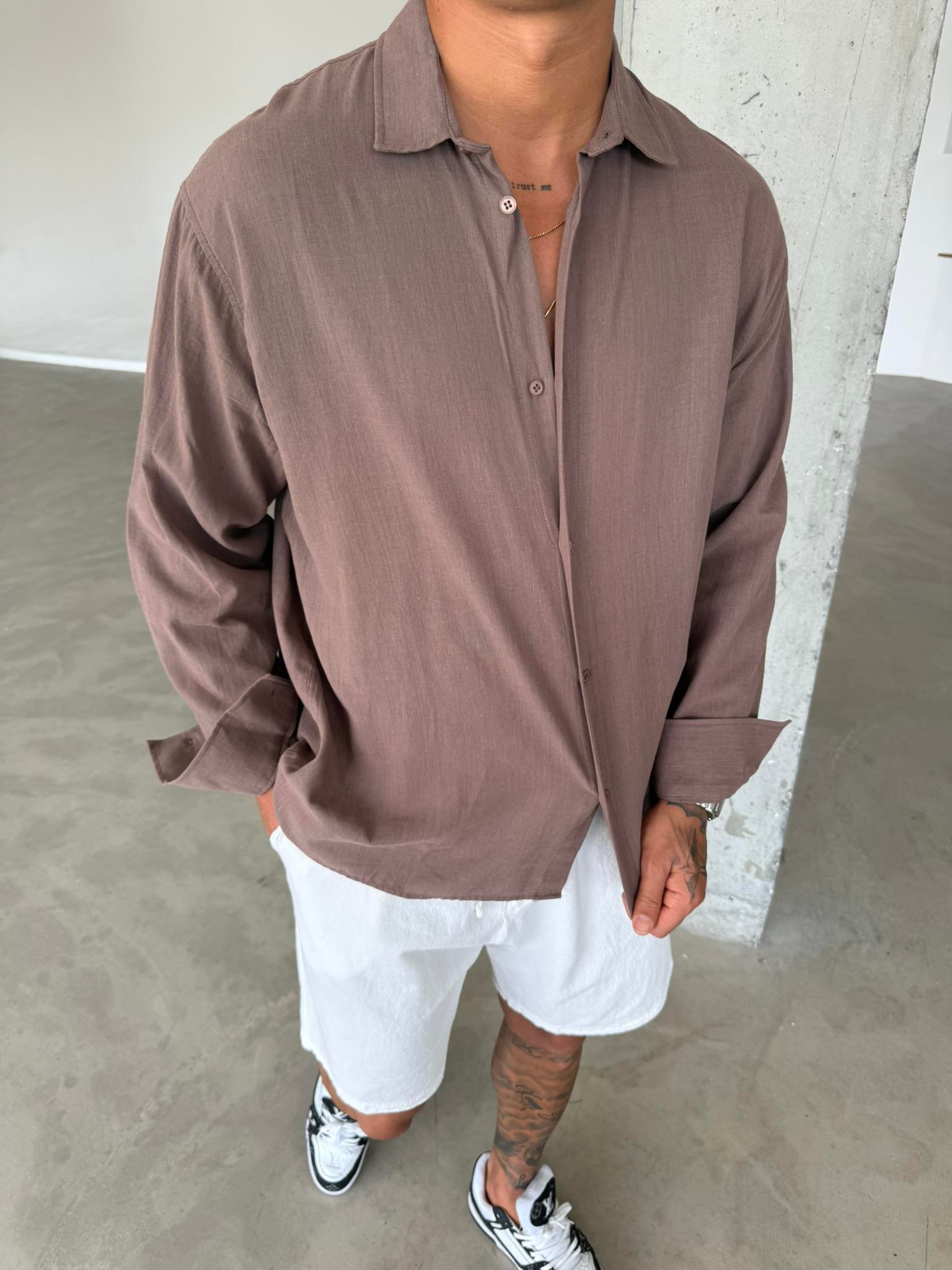 Erkek Oversize Fit Uzun Kollu Müslin Gömlek - Kahve