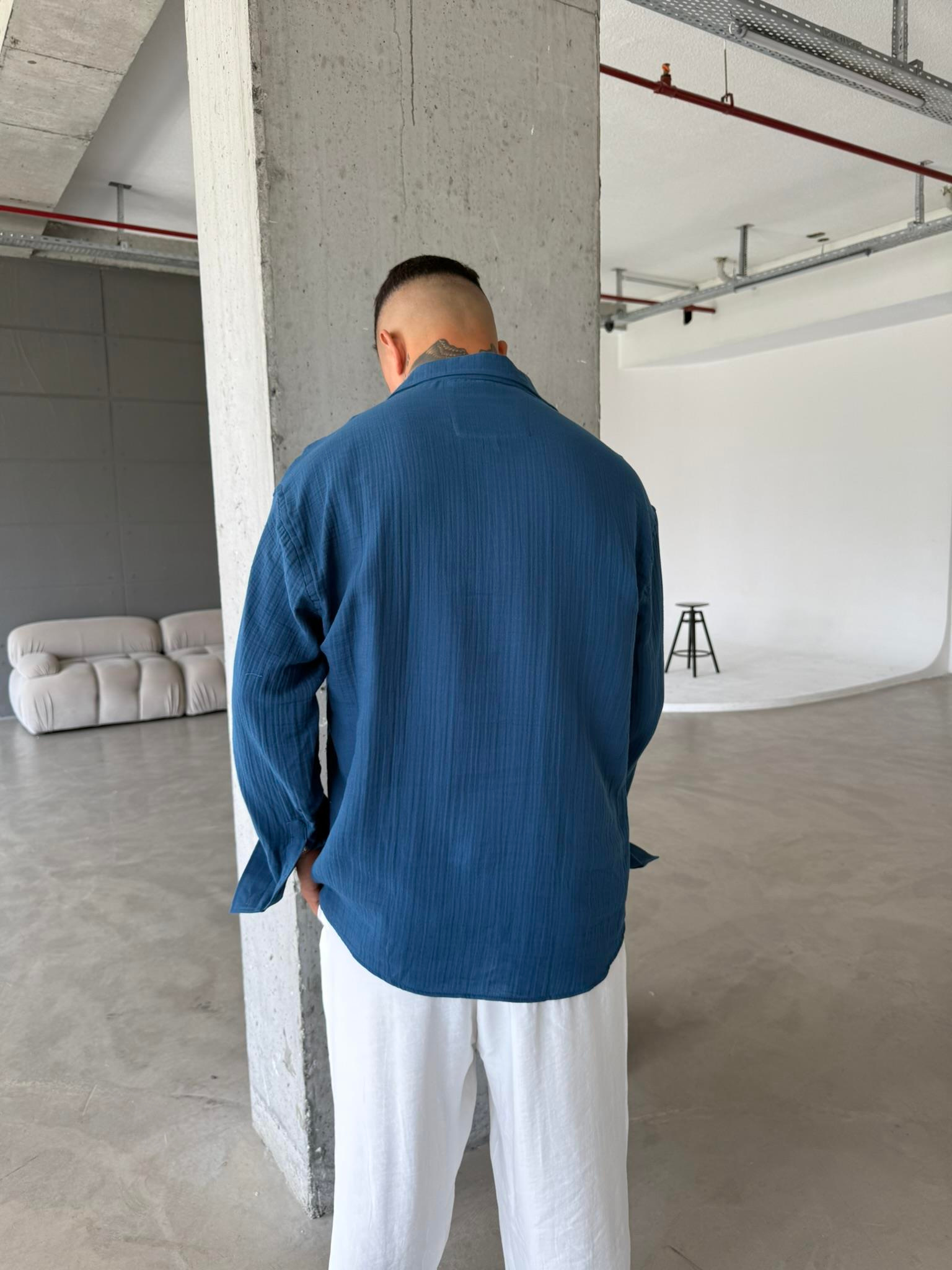 Erkek Oversize Fit Uzun Kollu Müslin Gömlek - Petrol